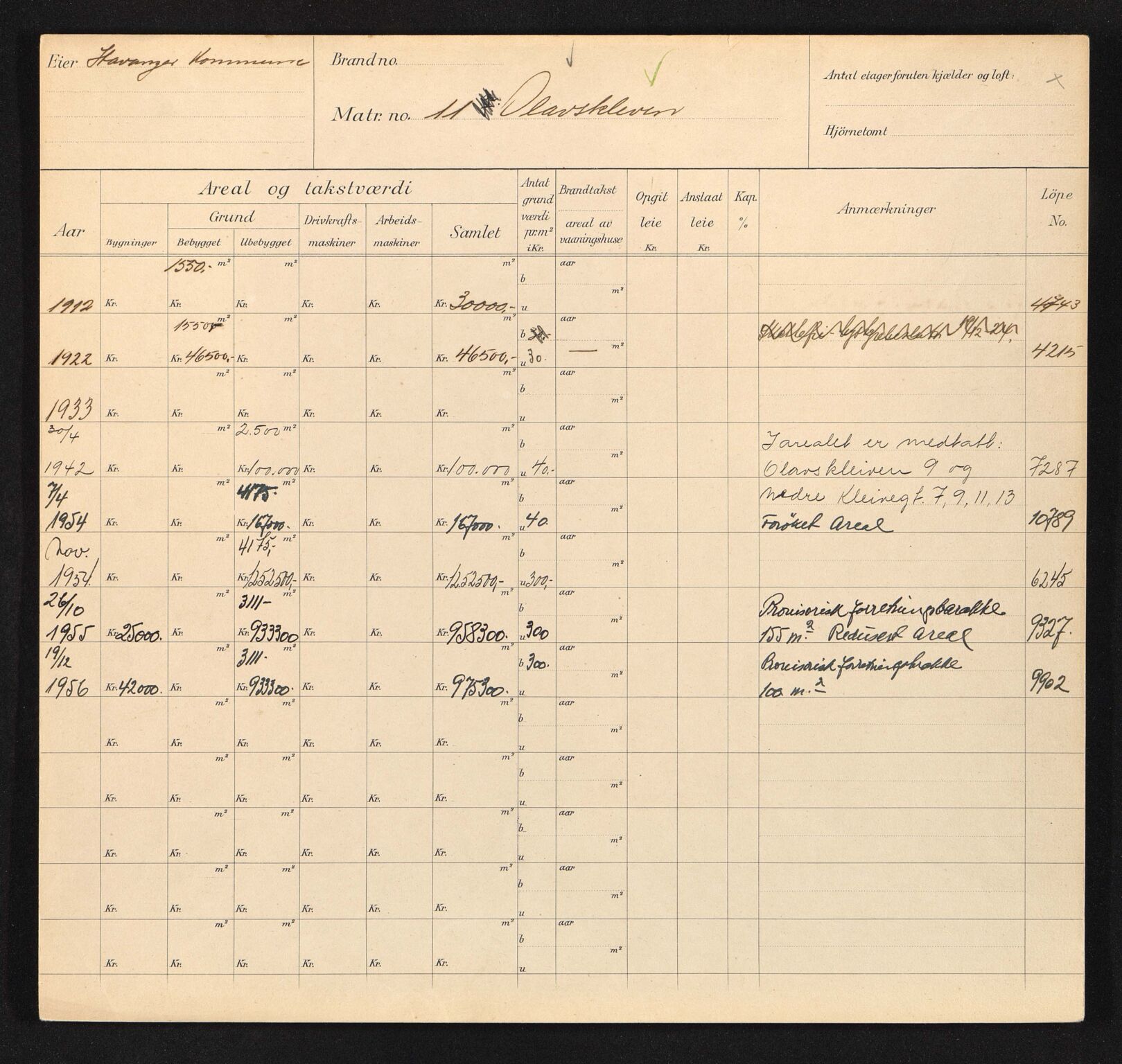 Stavanger kommune. Skattetakstvesenet, BYST/A-0440/F/Fa/Faa/L0034/0009: Skattetakstkort / Olavskleiva 11 - Ole Blix gate - Ole Bulls vei 16