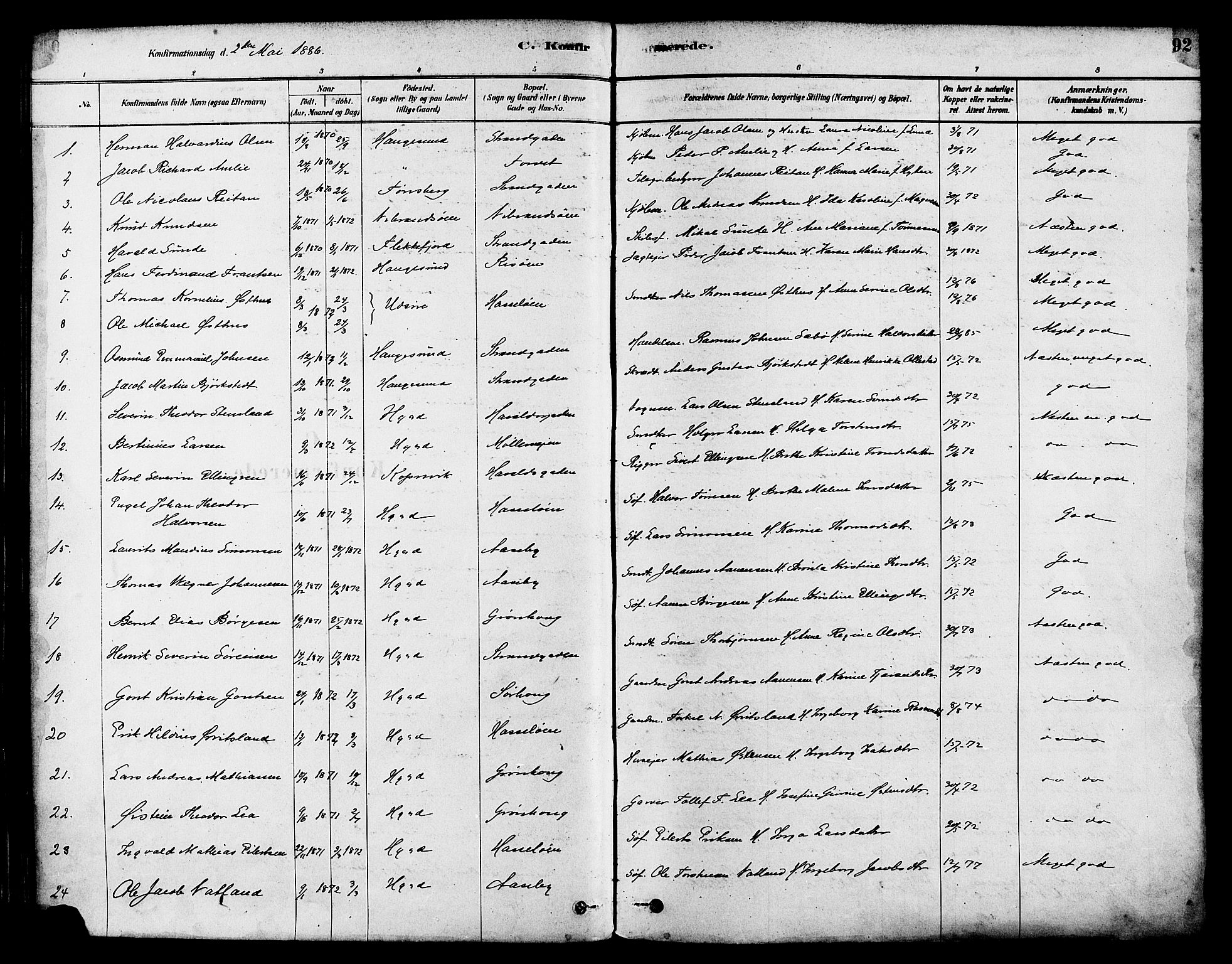 Haugesund sokneprestkontor, SAST/A -101863/H/Ha/Haa/L0003: Parish register (official) no. A 3, 1885-1890, p. 92