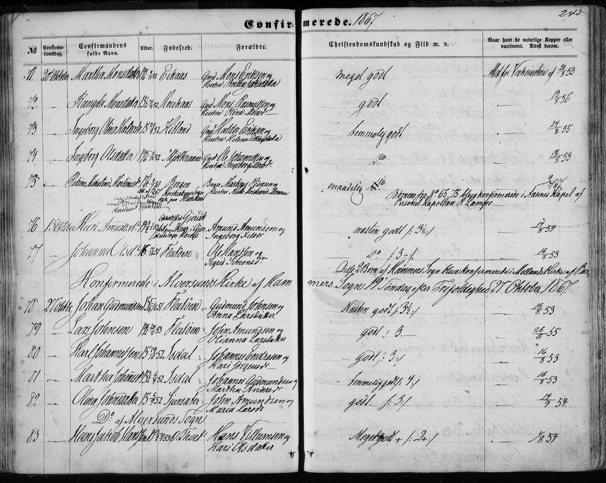 Hamre sokneprestembete, AV/SAB-A-75501/H/Ha/Haa/Haaa/L0014: Parish register (official) no. A 14, 1858-1872, p. 243