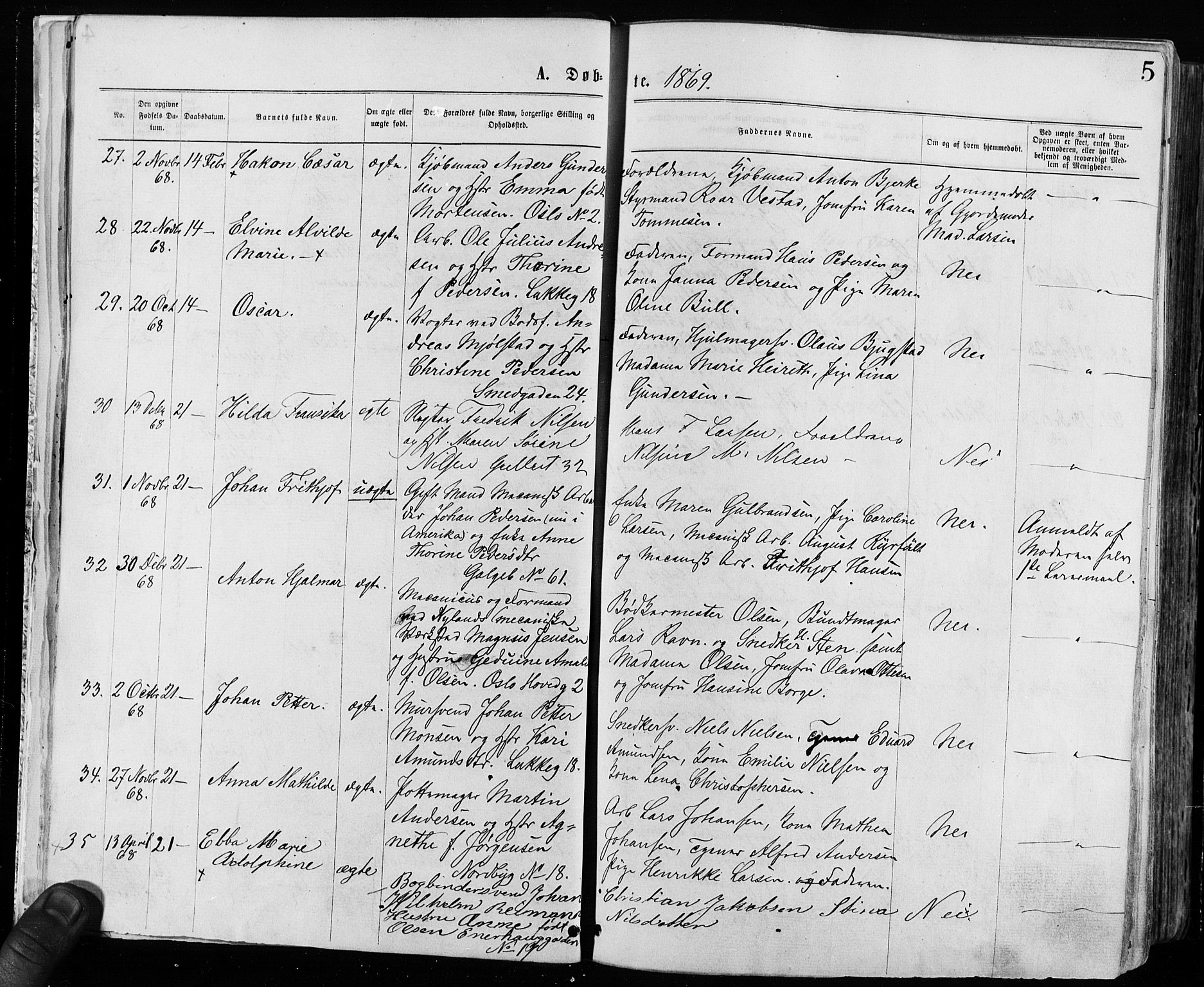 Grønland prestekontor Kirkebøker, AV/SAO-A-10848/F/Fa/L0004: Parish register (official) no. 4, 1869-1880, p. 5