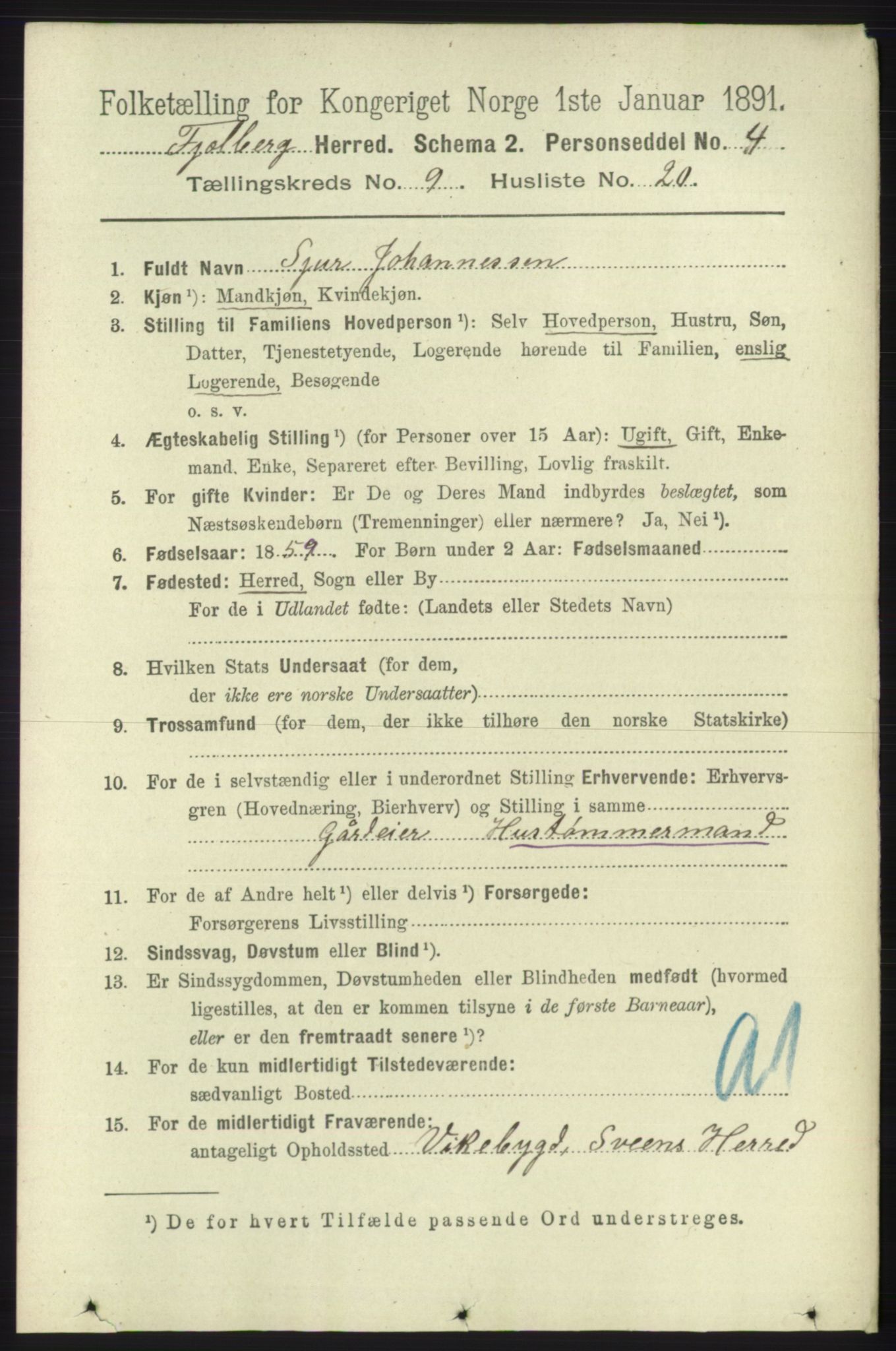 RA, 1891 census for 1213 Fjelberg, 1891, p. 3526