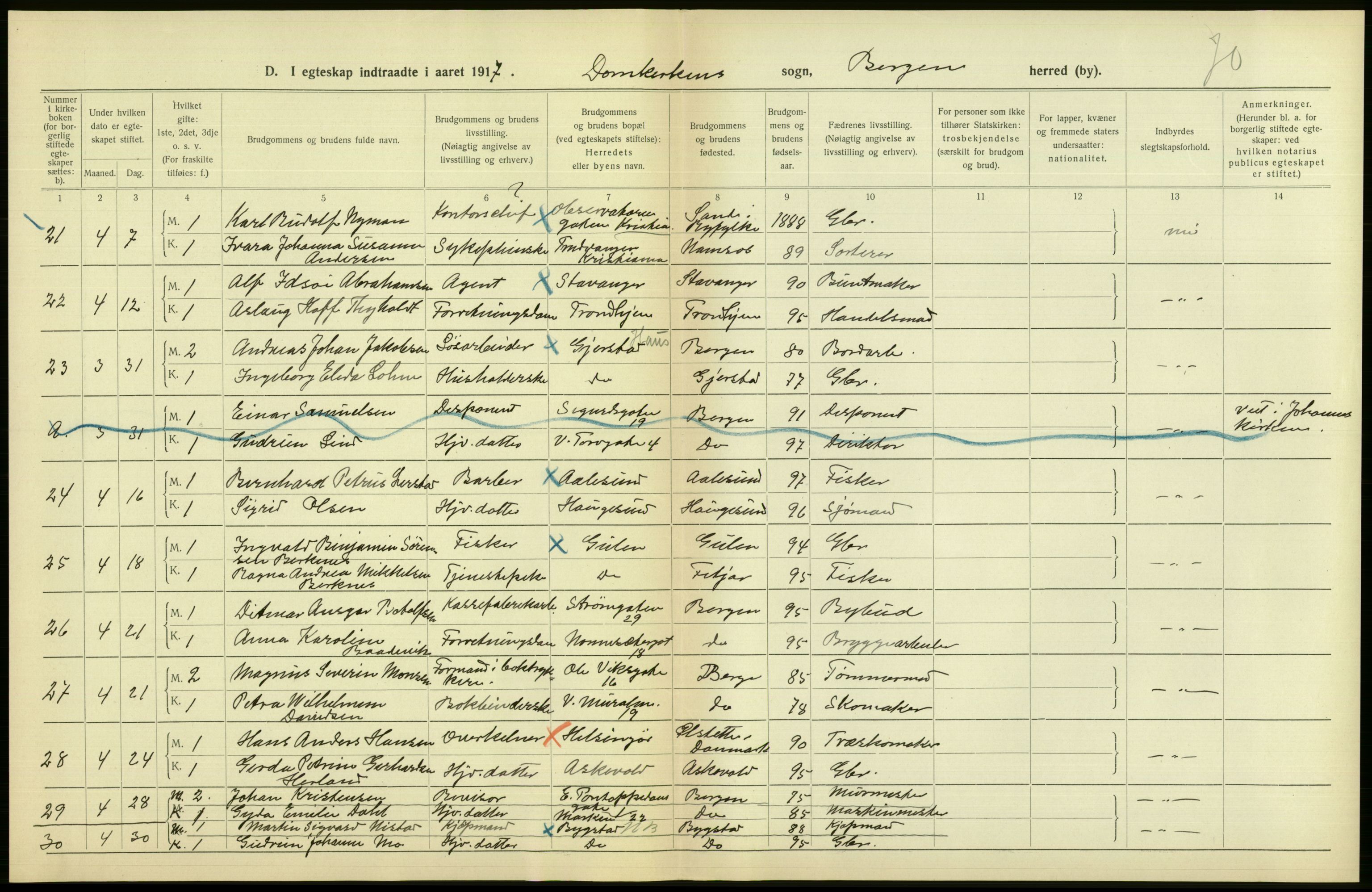 Statistisk sentralbyrå, Sosiodemografiske emner, Befolkning, AV/RA-S-2228/D/Df/Dfb/Dfbg/L0038: Bergen: Gifte, døde, dødfødte., 1917, p. 10