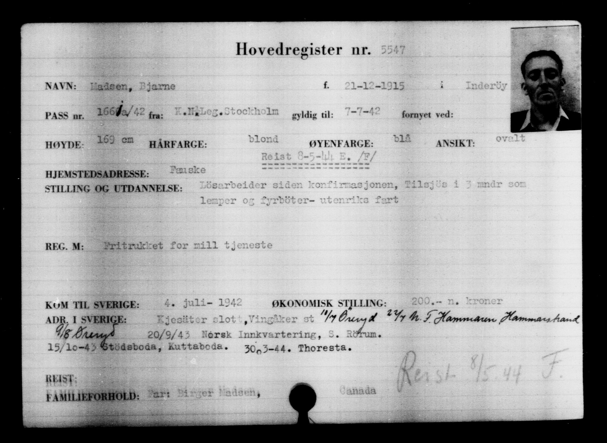 Utenriksstasjonene, Legasjonen i Stockholm, Flyktningkontoret, AV/RA-S-6753/V/Va/L0004: Kjesäterkartoteket, flyktninger med registreringsnr. 3496-6610, 1940-1945, p. 2373
