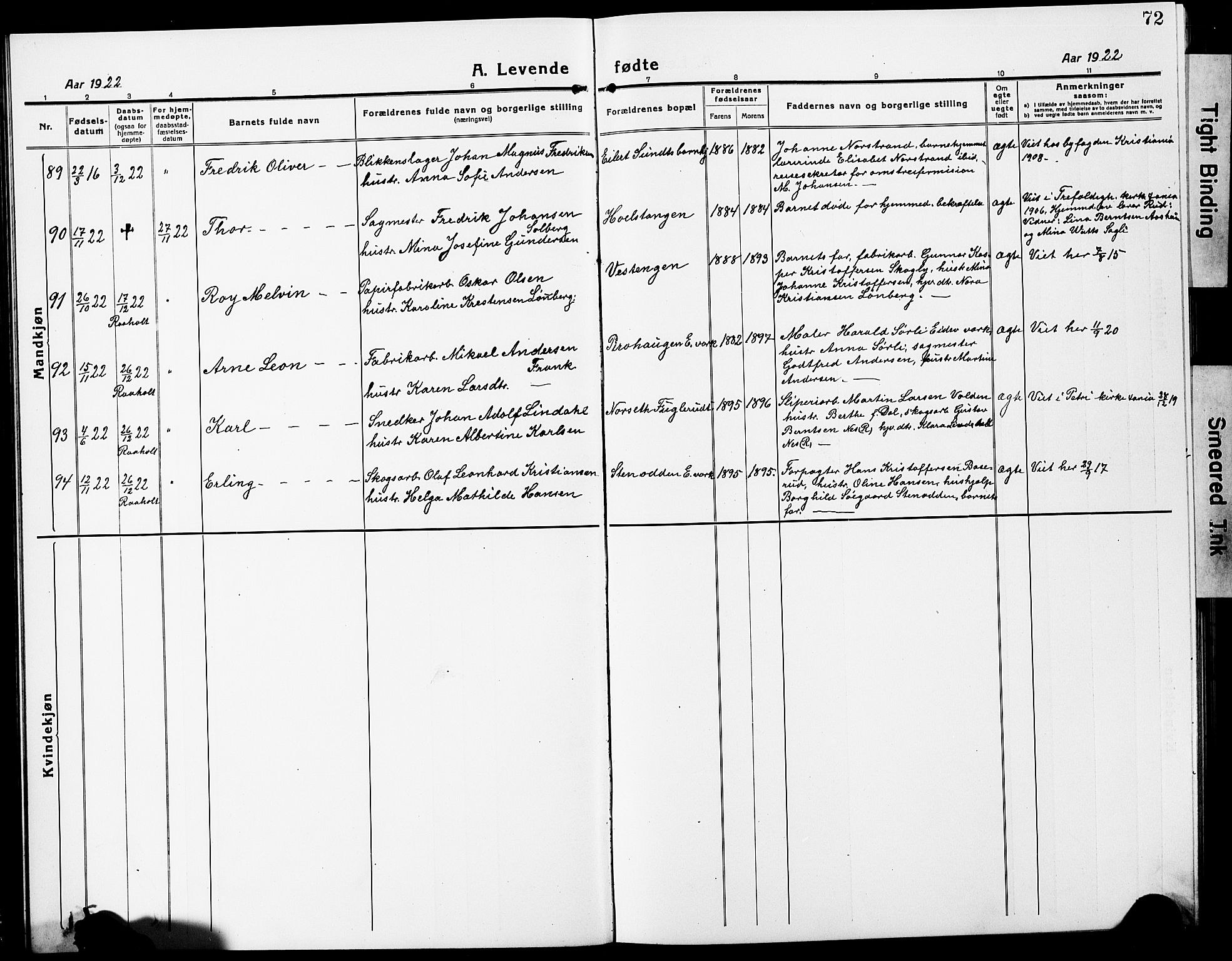 Eidsvoll prestekontor Kirkebøker, AV/SAO-A-10888/G/Ga/L0010: Parish register (copy) no. I 10, 1919-1929, p. 72