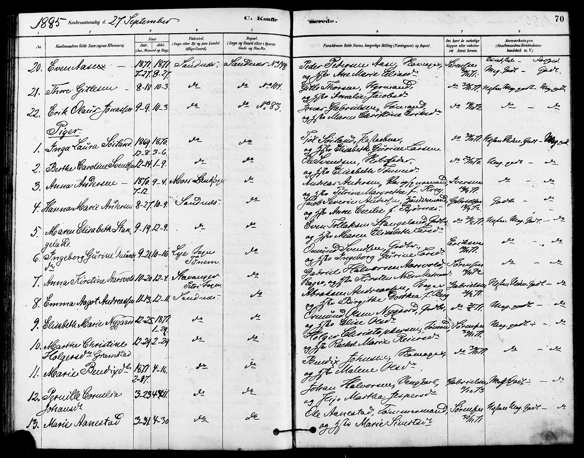 Høyland sokneprestkontor, SAST/A-101799/001/30BA/L0012: Parish register (official) no. A 11, 1878-1889, p. 70