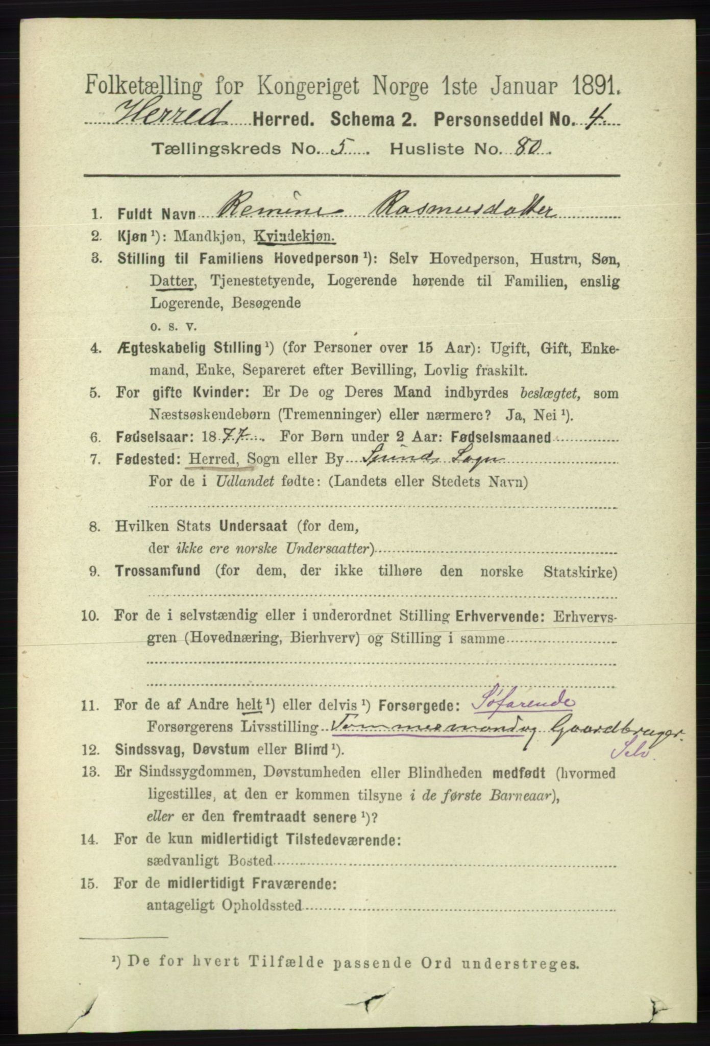 RA, 1891 census for 1039 Herad, 1891, p. 2227