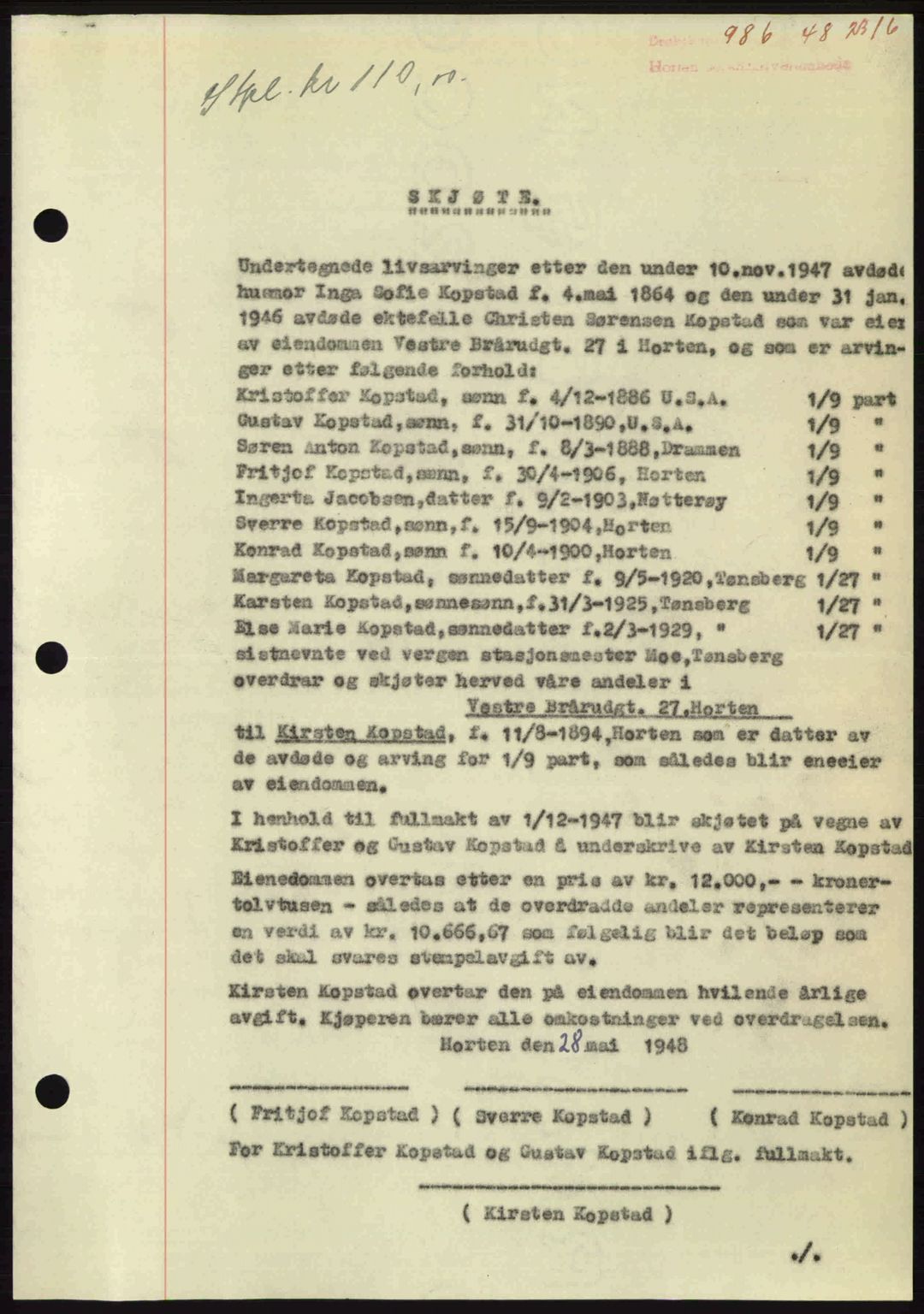 Horten sorenskriveri, AV/SAKO-A-133/G/Ga/Gaa/L0010: Mortgage book no. A-10, 1947-1948, Diary no: : 986/1948