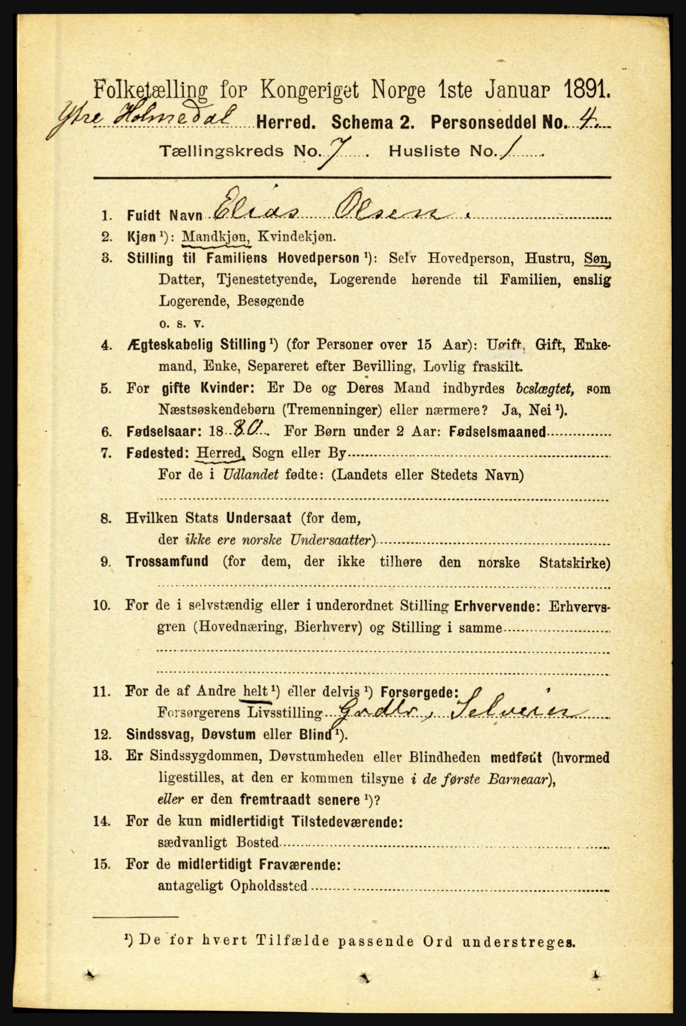 RA, 1891 census for 1429 Ytre Holmedal, 1891, p. 1594