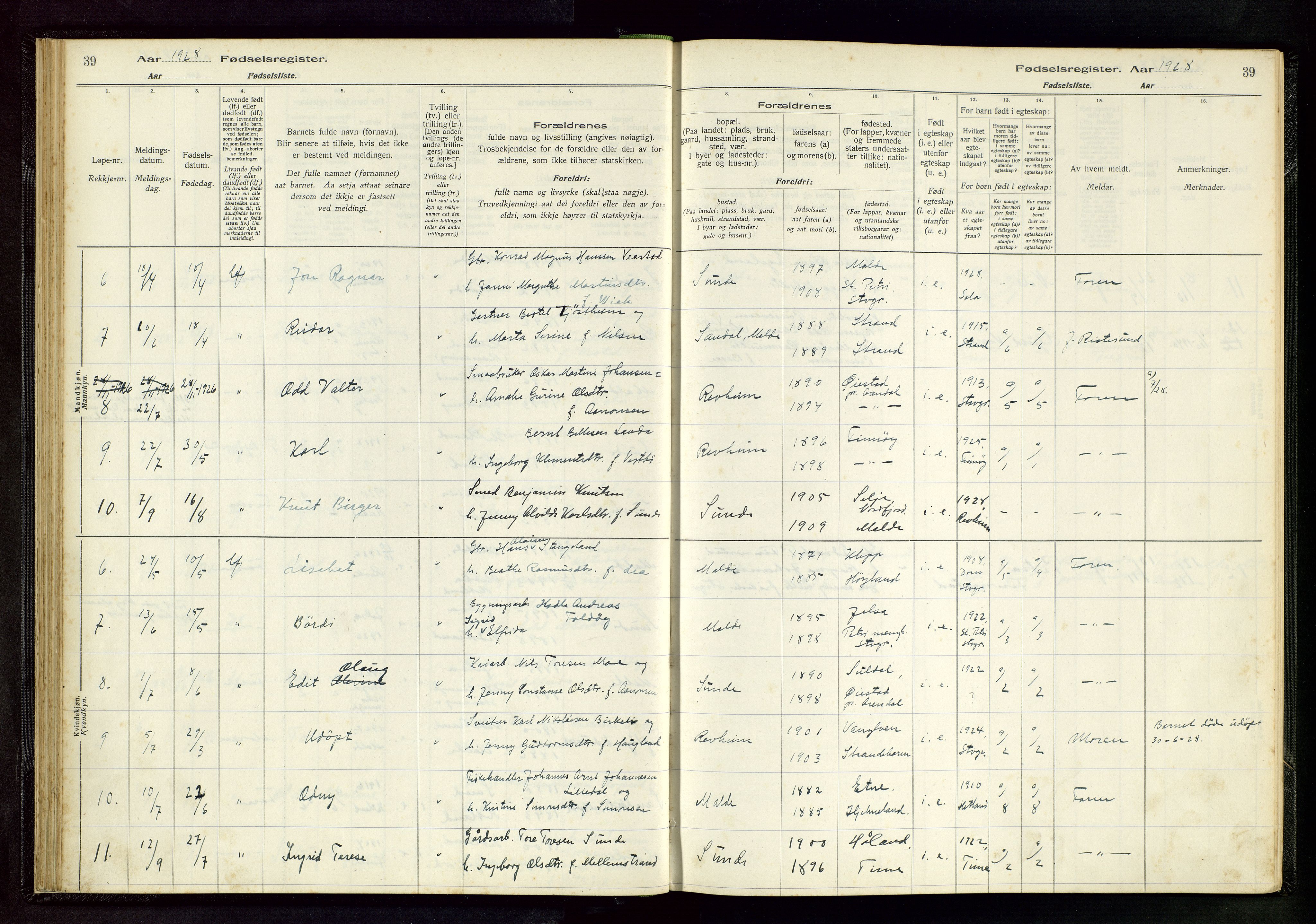 Håland sokneprestkontor, AV/SAST-A-101802/002/A/L0005: Birth register no. 5, 1916-1957, p. 39