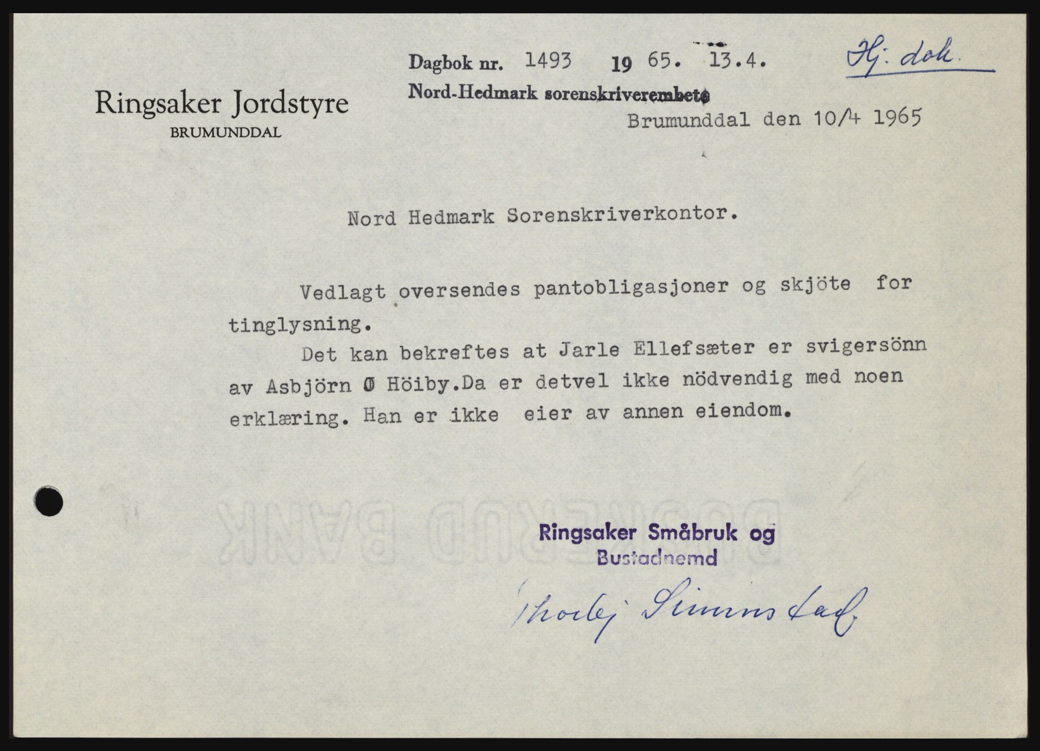 Nord-Hedmark sorenskriveri, SAH/TING-012/H/Hc/L0021: Mortgage book no. 21, 1964-1965, Diary no: : 1493/1965