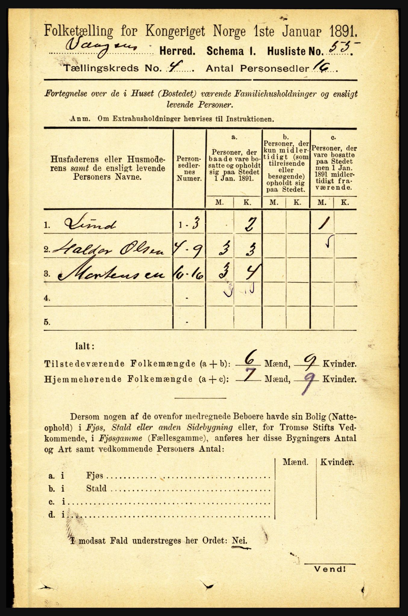 RA, 1891 census for 1865 Vågan, 1891, p. 931