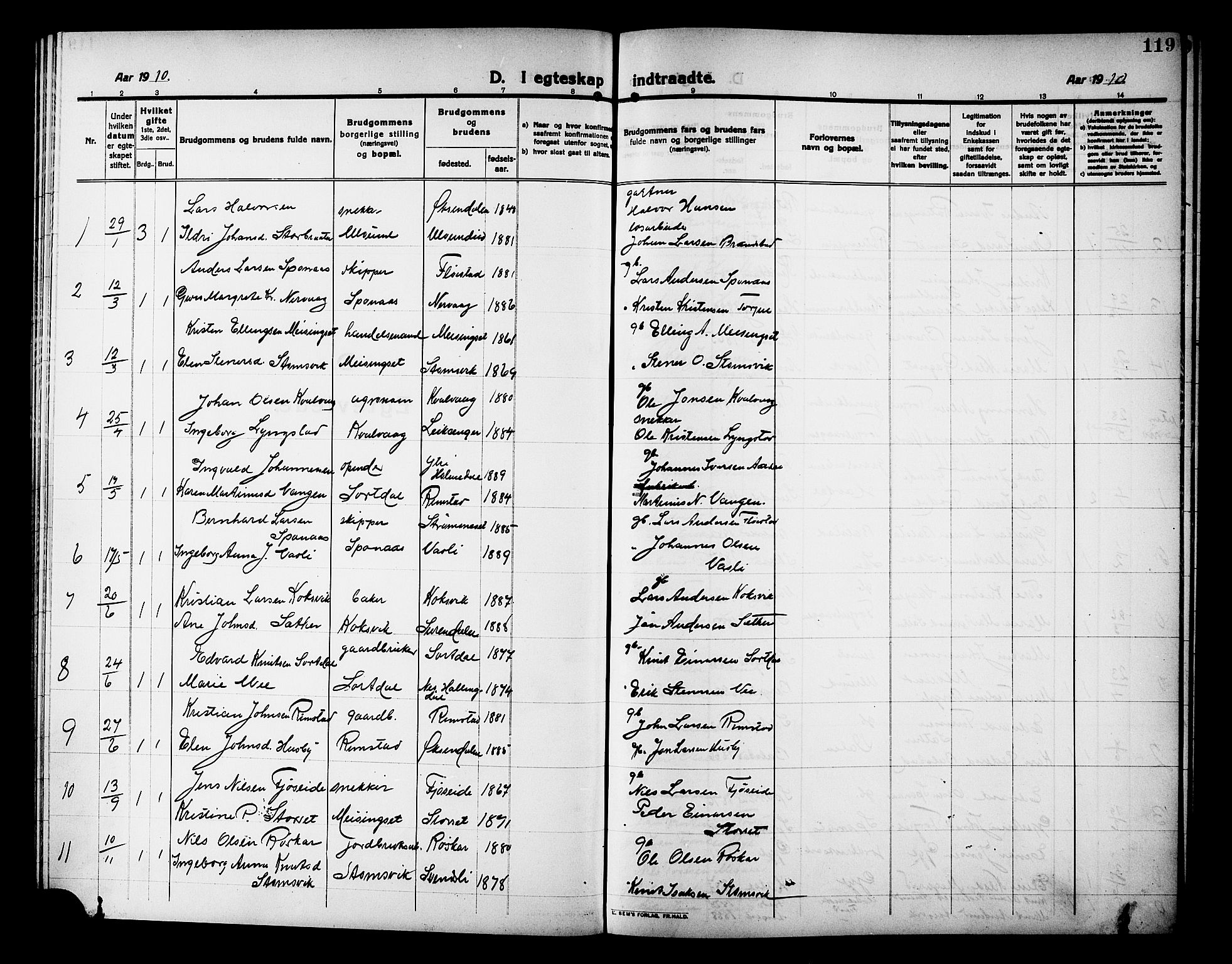 Ministerialprotokoller, klokkerbøker og fødselsregistre - Møre og Romsdal, AV/SAT-A-1454/586/L0993: Parish register (copy) no. 586C04, 1910-1918, p. 119