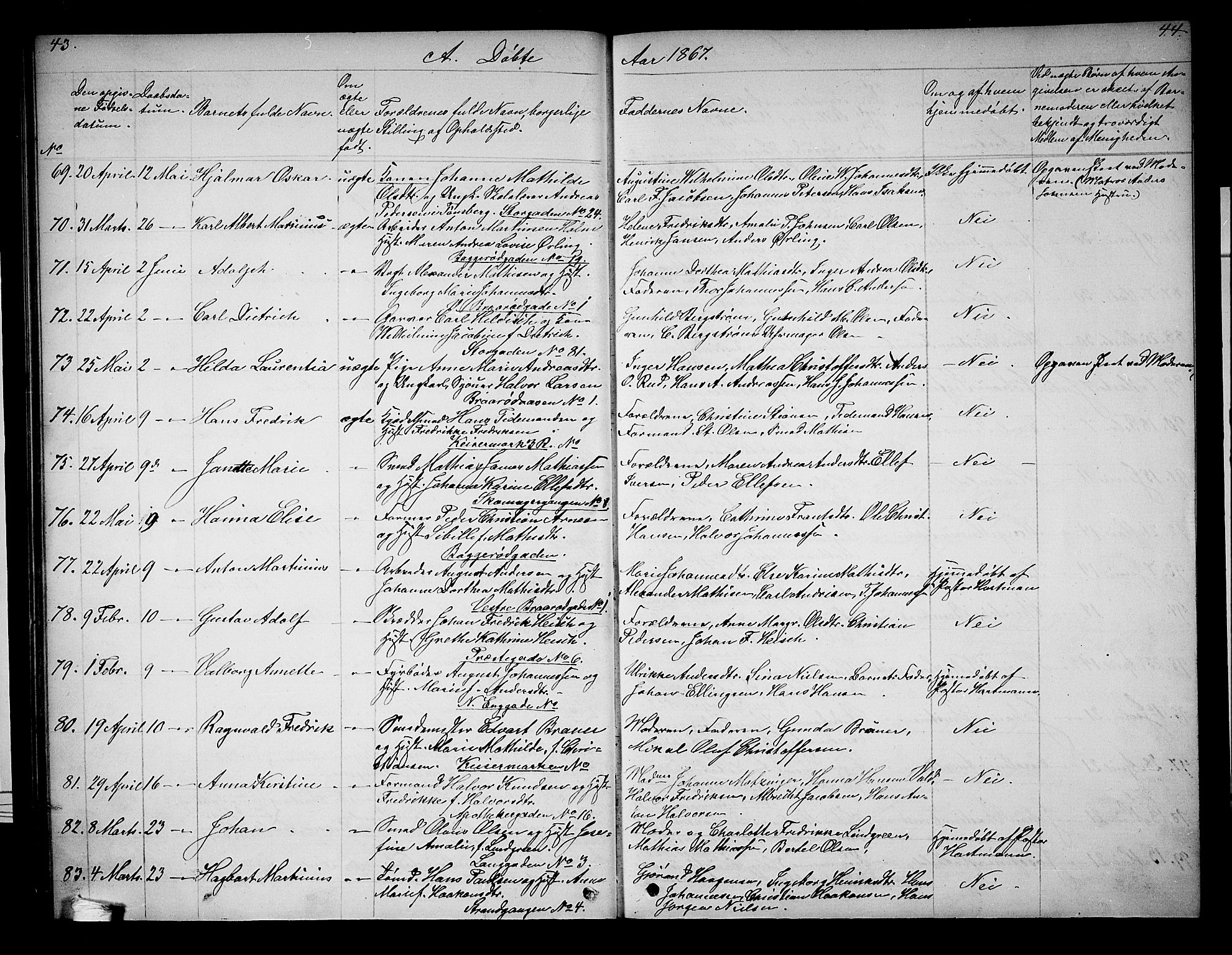 Horten kirkebøker, AV/SAKO-A-348/G/Ga/L0002: Parish register (copy) no. 2, 1864-1871, p. 43-44