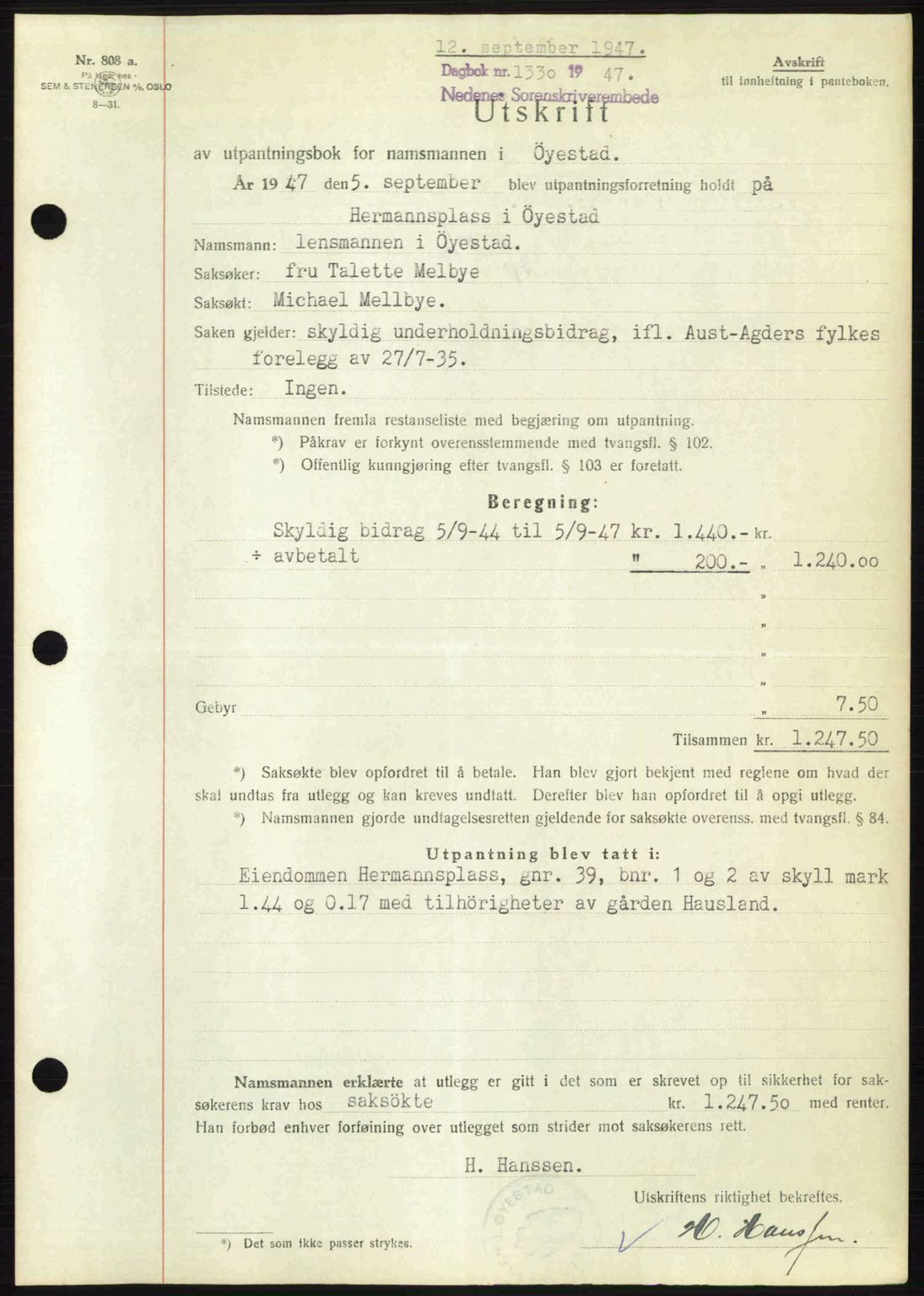 Nedenes sorenskriveri, SAK/1221-0006/G/Gb/Gba/L0058: Mortgage book no. A10, 1947-1948, Diary no: : 1330/1947