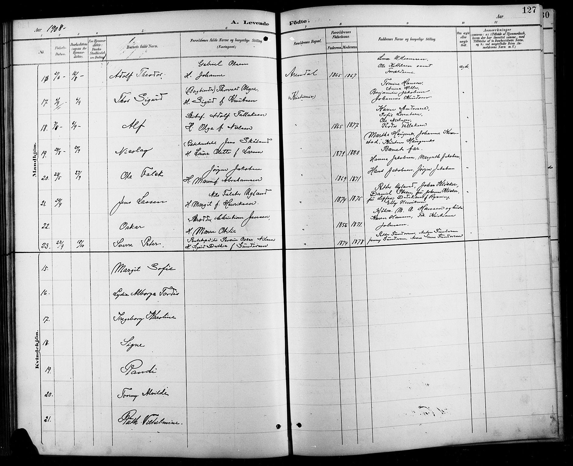Arendal sokneprestkontor, Trefoldighet, SAK/1111-0040/F/Fb/L0006: Parish register (copy) no. B 6, 1889-1916, p. 127