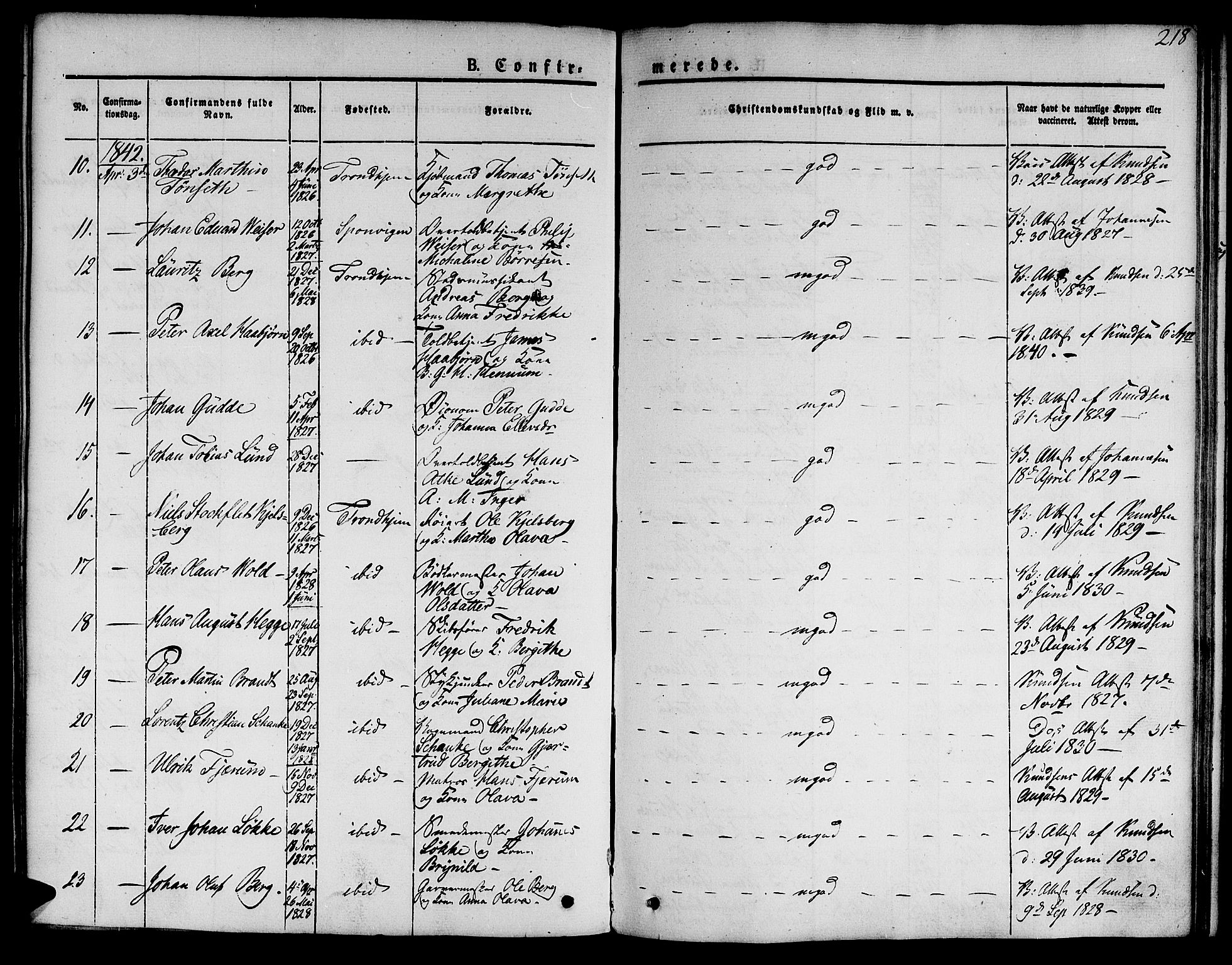 Ministerialprotokoller, klokkerbøker og fødselsregistre - Sør-Trøndelag, SAT/A-1456/601/L0048: Parish register (official) no. 601A16, 1840-1847, p. 218