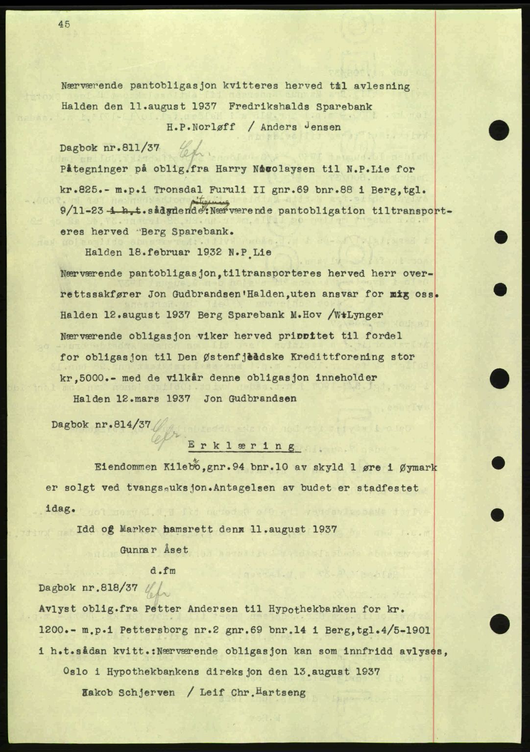 Idd og Marker sorenskriveri, AV/SAO-A-10283/G/Gb/Gbc/L0001: Mortgage book no. B1-3, 1936-1939, Diary no: : 811/1937