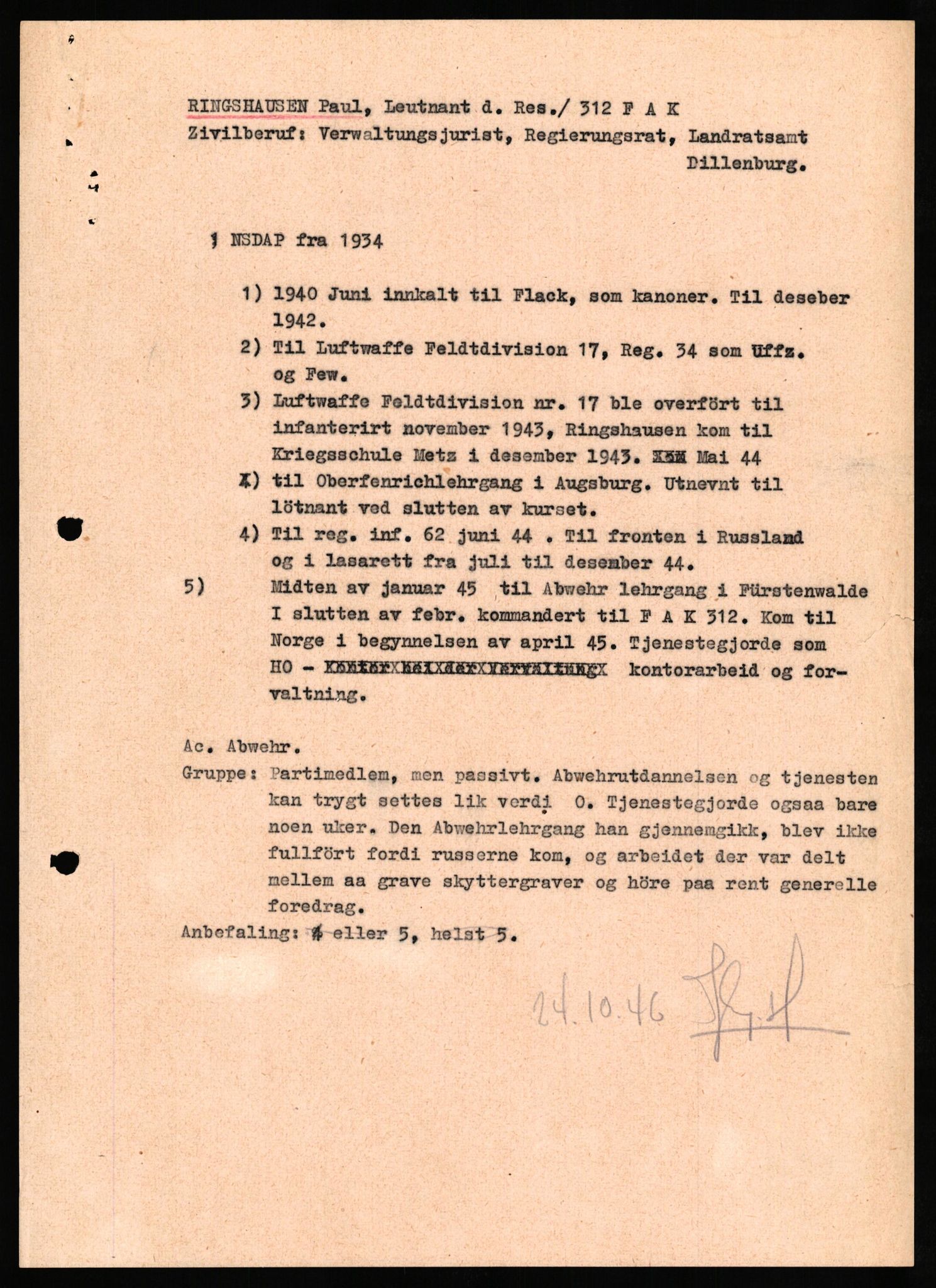 Forsvaret, Forsvarets overkommando II, RA/RAFA-3915/D/Db/L0027: CI Questionaires. Tyske okkupasjonsstyrker i Norge. Tyskere., 1945-1946, p. 430