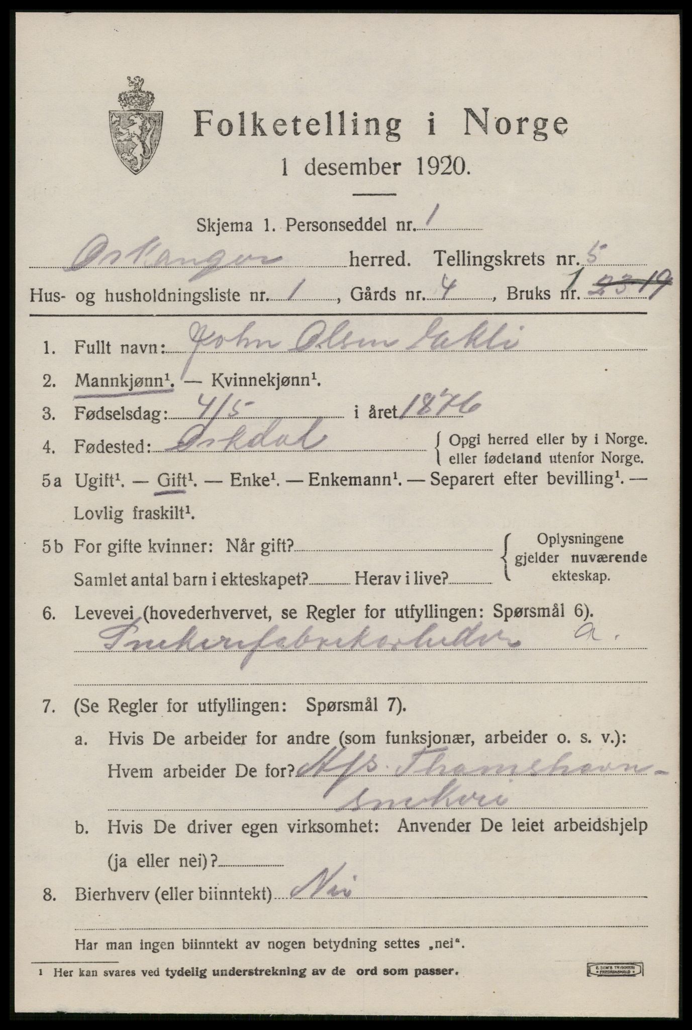 SAT, 1920 census for Orkanger, 1920, p. 2529