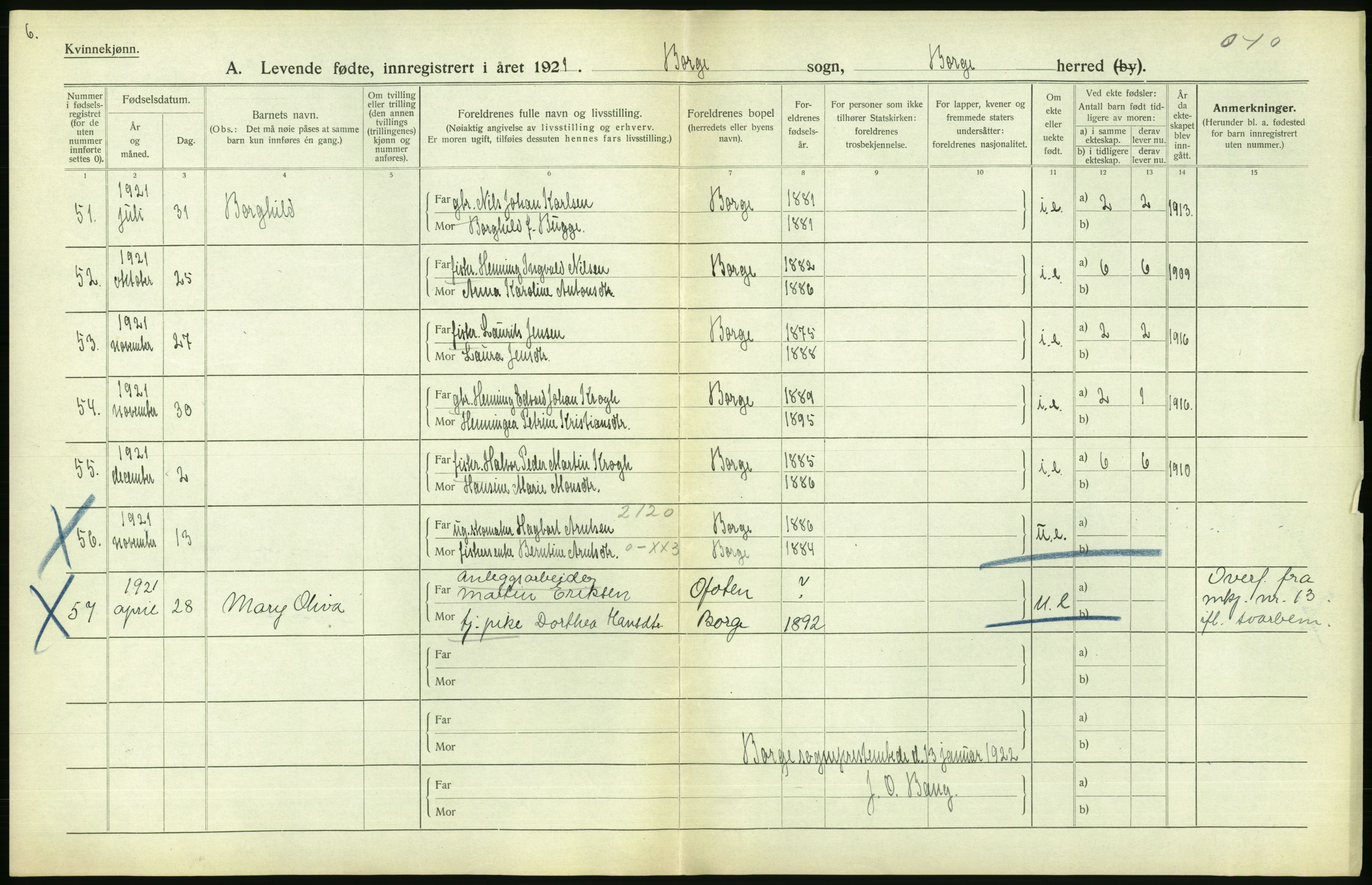 Statistisk sentralbyrå, Sosiodemografiske emner, Befolkning, AV/RA-S-2228/D/Df/Dfc/Dfca/L0049: Nordland fylke: Levendefødte menn og kvinner. Bygder., 1921, p. 334