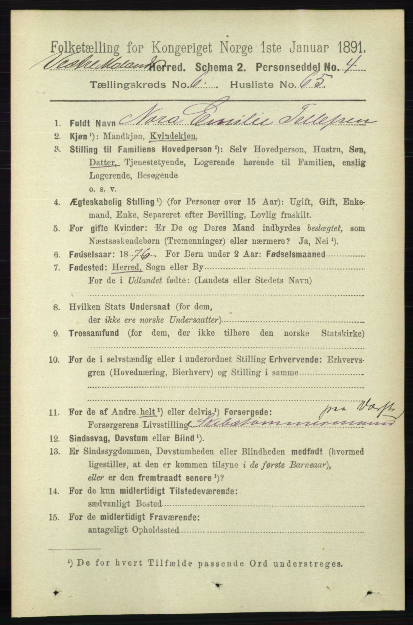 RA, 1891 census for 0926 Vestre Moland, 1891, p. 2706