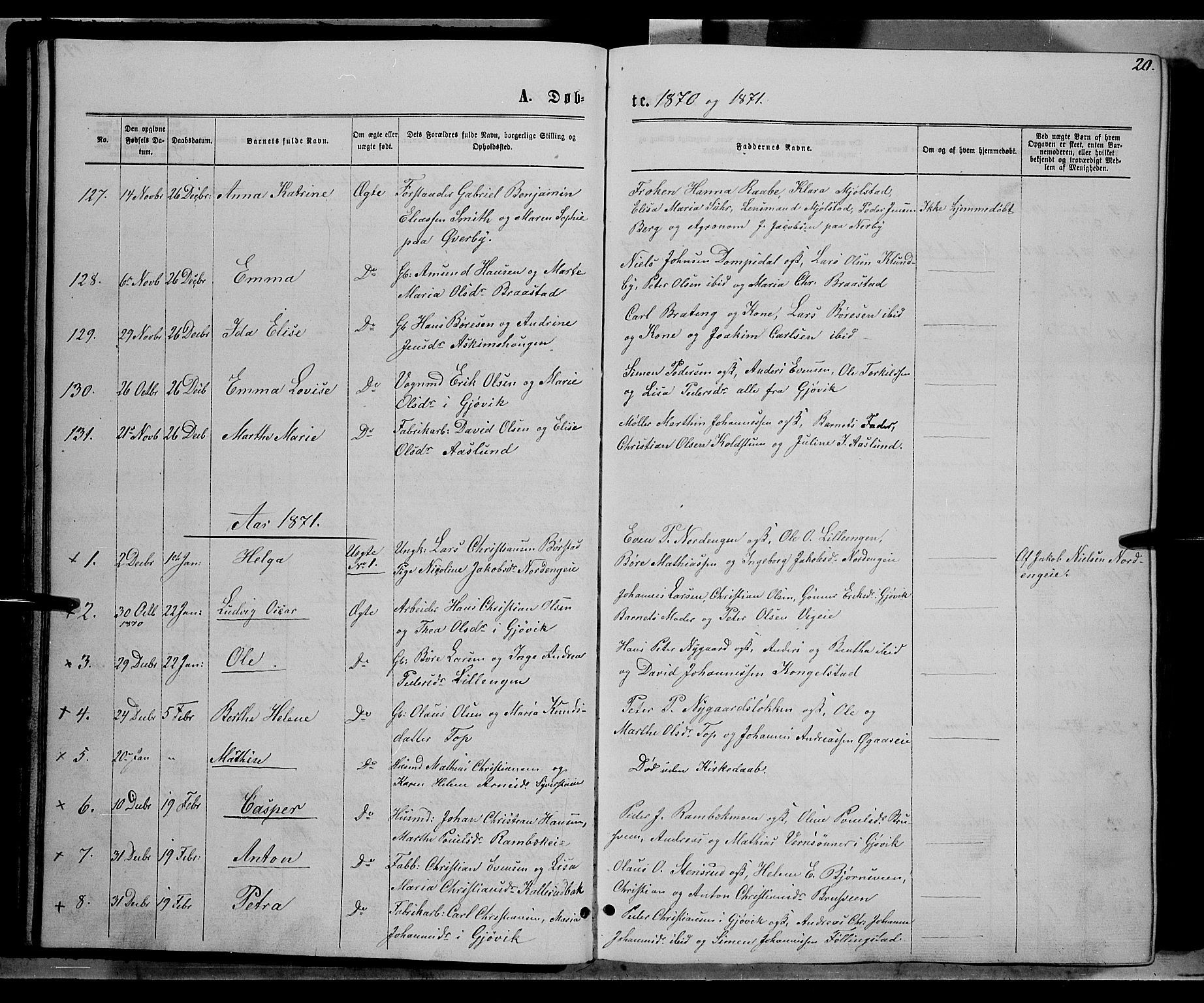 Vardal prestekontor, SAH/PREST-100/H/Ha/Hab/L0006: Parish register (copy) no. 6, 1869-1881, p. 20