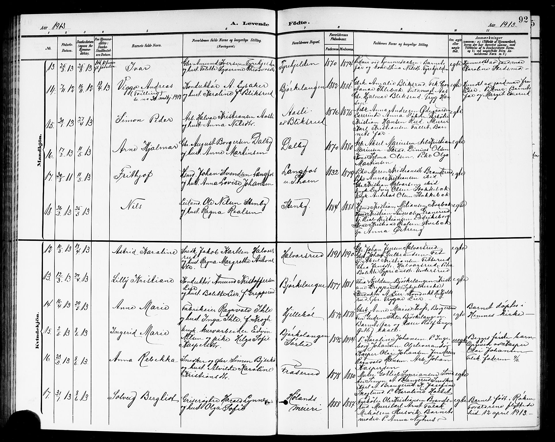 Høland prestekontor Kirkebøker, AV/SAO-A-10346a/G/Ga/L0007: Parish register (copy) no. I 7, 1902-1914, p. 92