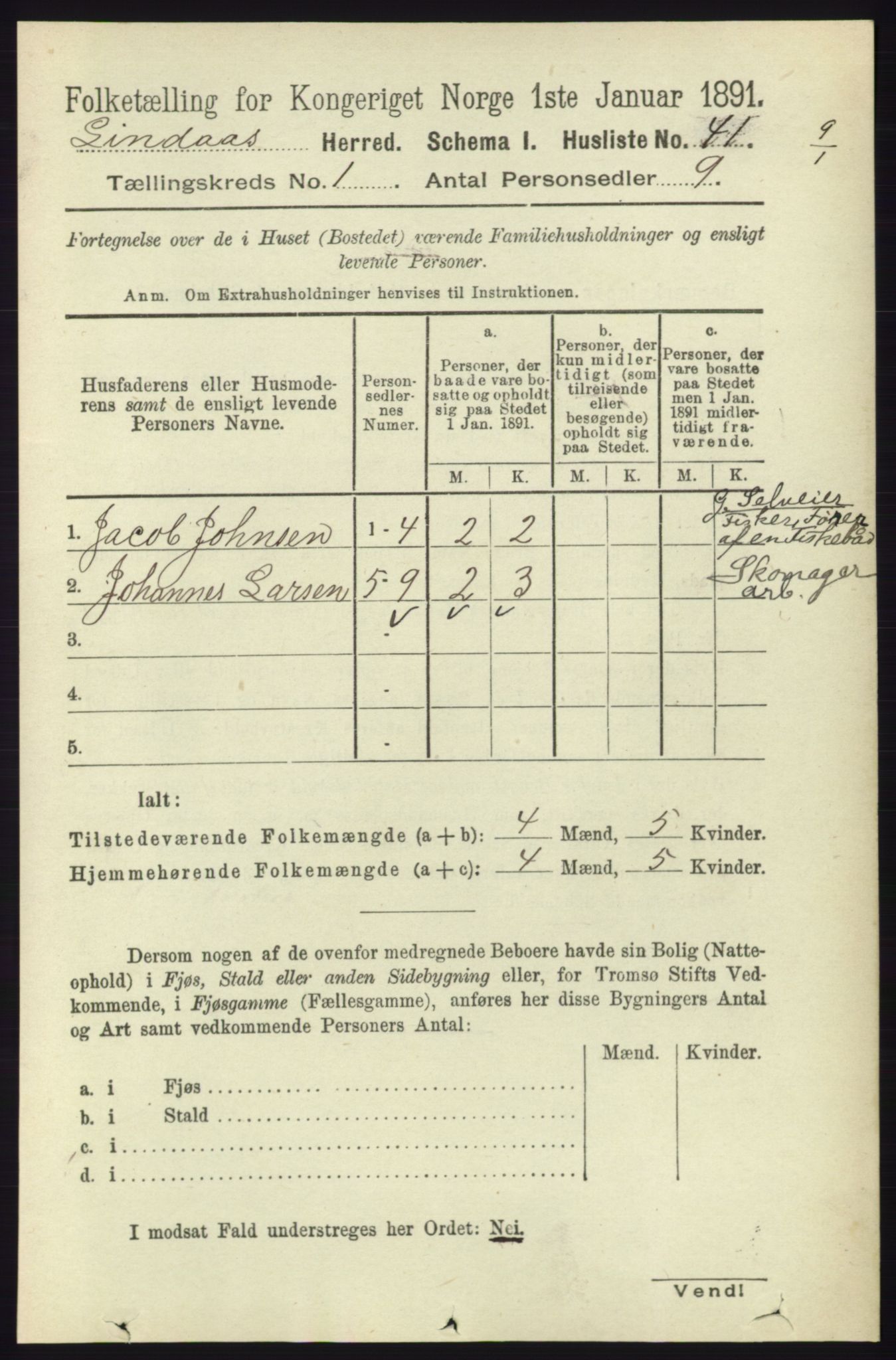 RA, 1891 census for 1263 Lindås, 1891, p. 87