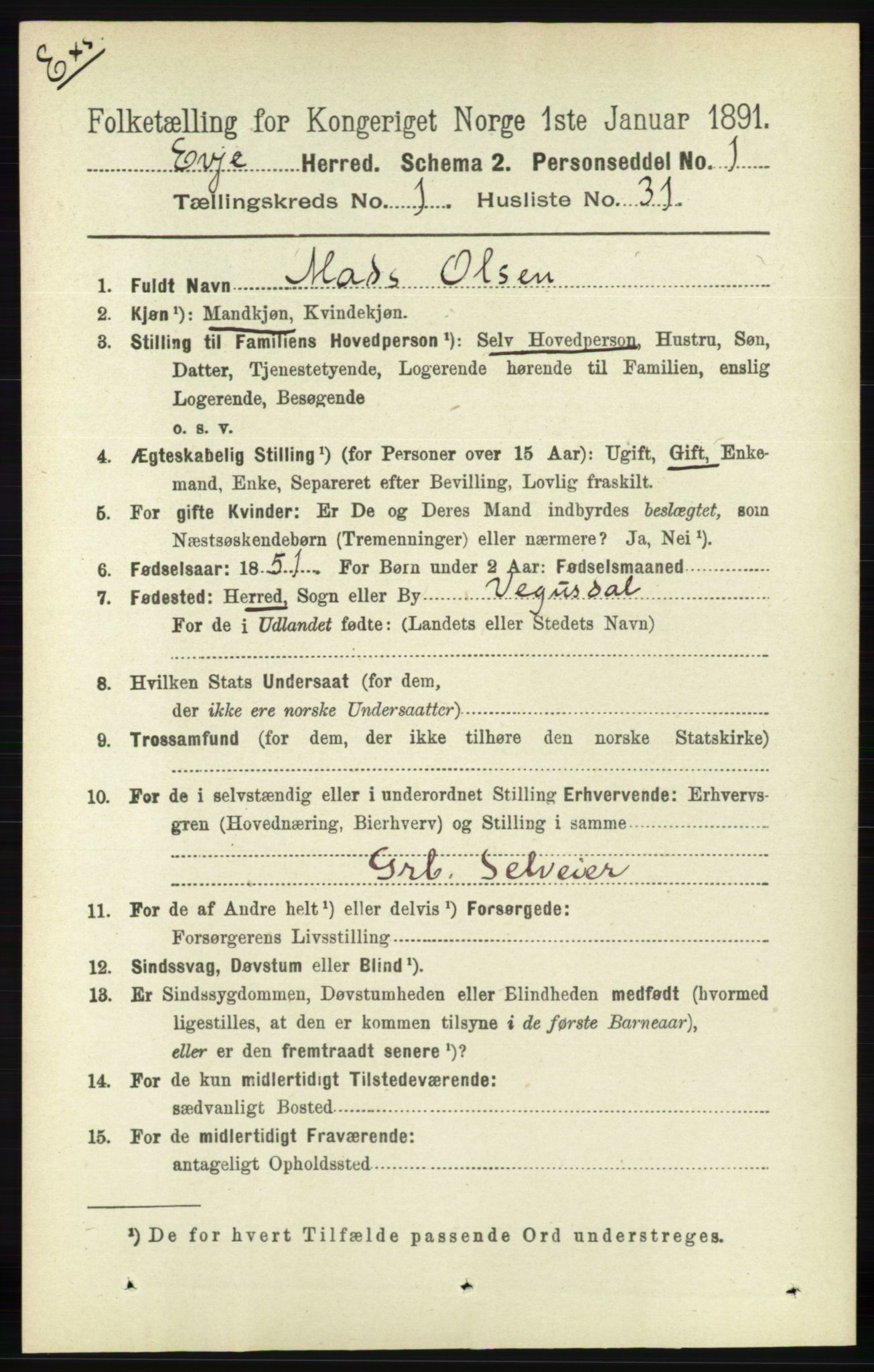 RA, Census 1891 for Nedenes amt: Gjenparter av personsedler for beslektede ektefeller, menn, 1891, p. 995