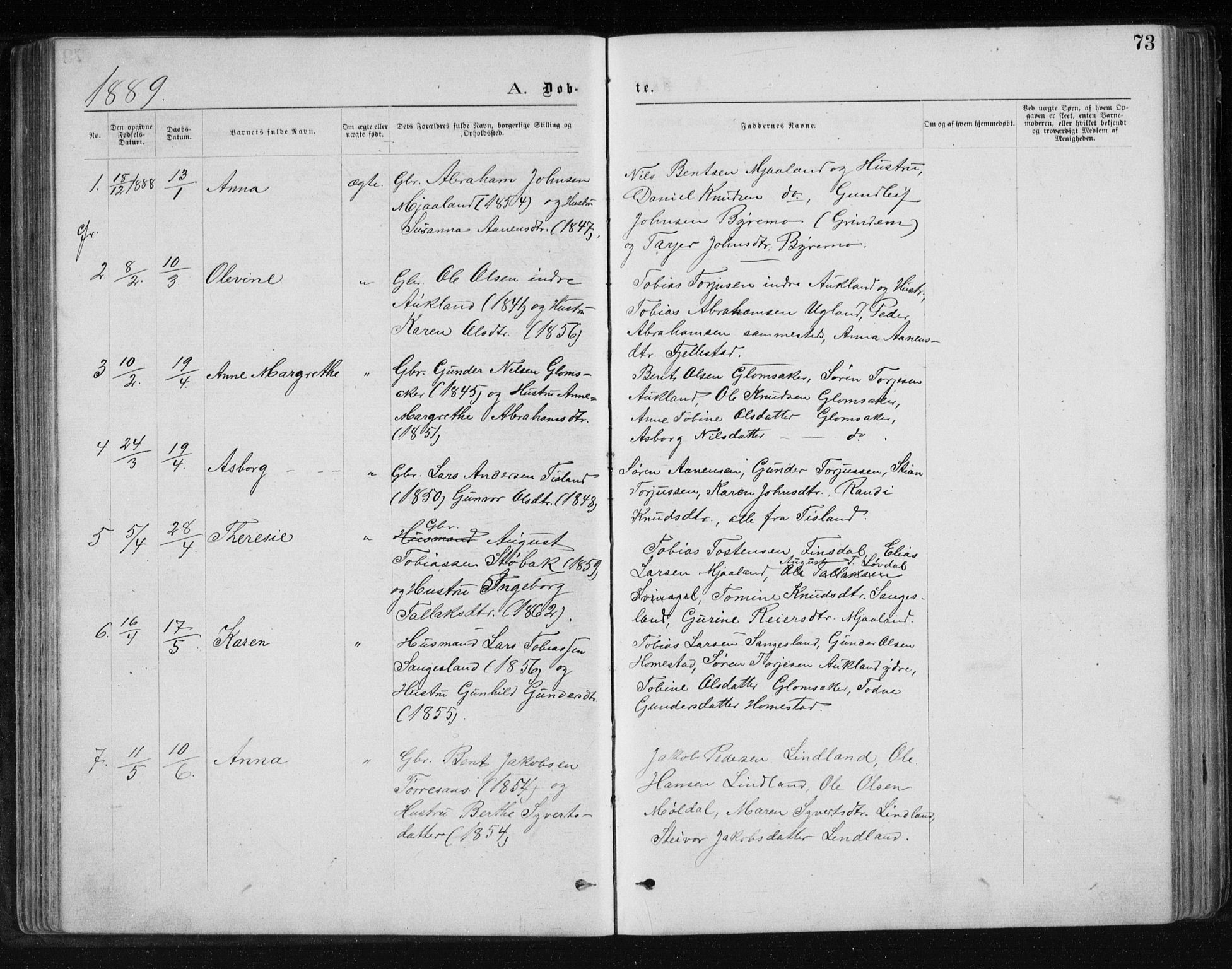 Holum sokneprestkontor, SAK/1111-0022/F/Fb/Fbb/L0003: Parish register (copy) no. B 3, 1875-1898, p. 73