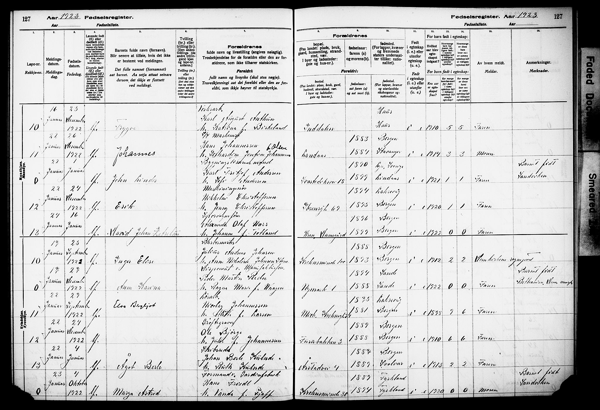 Årstad Sokneprestembete, AV/SAB-A-79301/I/Id/L0A02: Birth register no. A 2, 1920-1924, p. 127