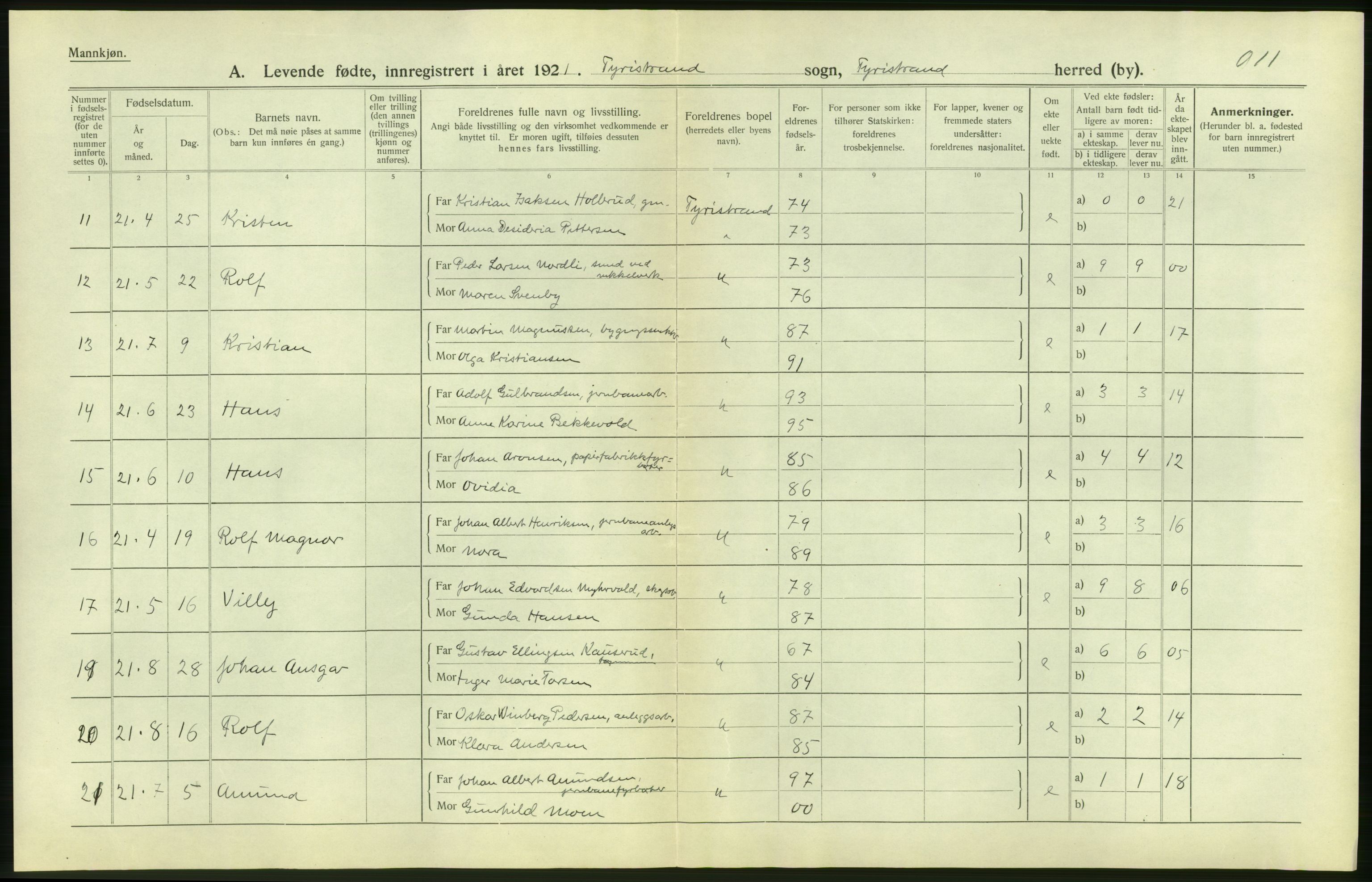 Statistisk sentralbyrå, Sosiodemografiske emner, Befolkning, AV/RA-S-2228/D/Df/Dfc/Dfca/L0018: Buskerud fylke: Levendefødte menn og kvinner. Bygder., 1921, p. 10