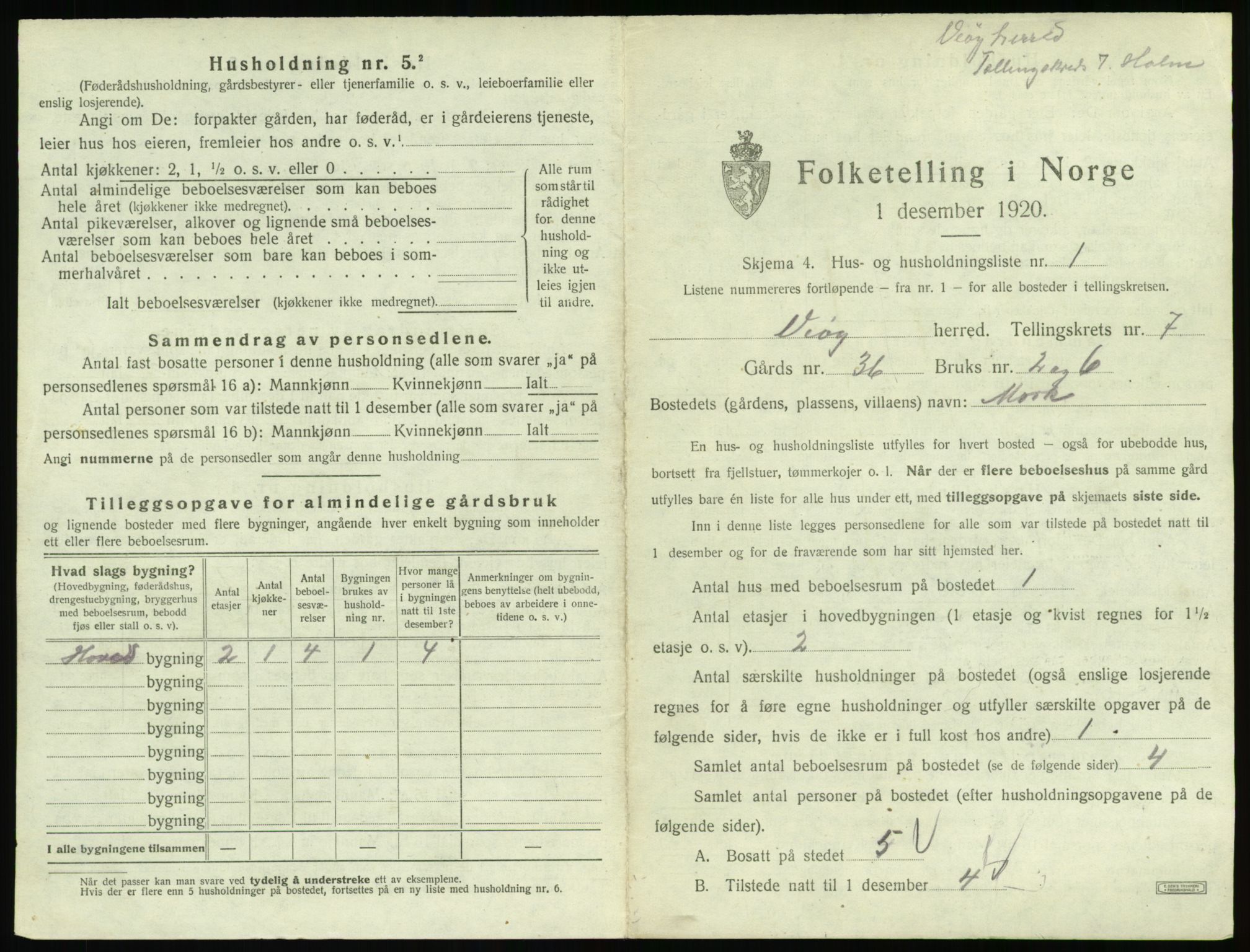 SAT, 1920 census for Veøy, 1920, p. 455