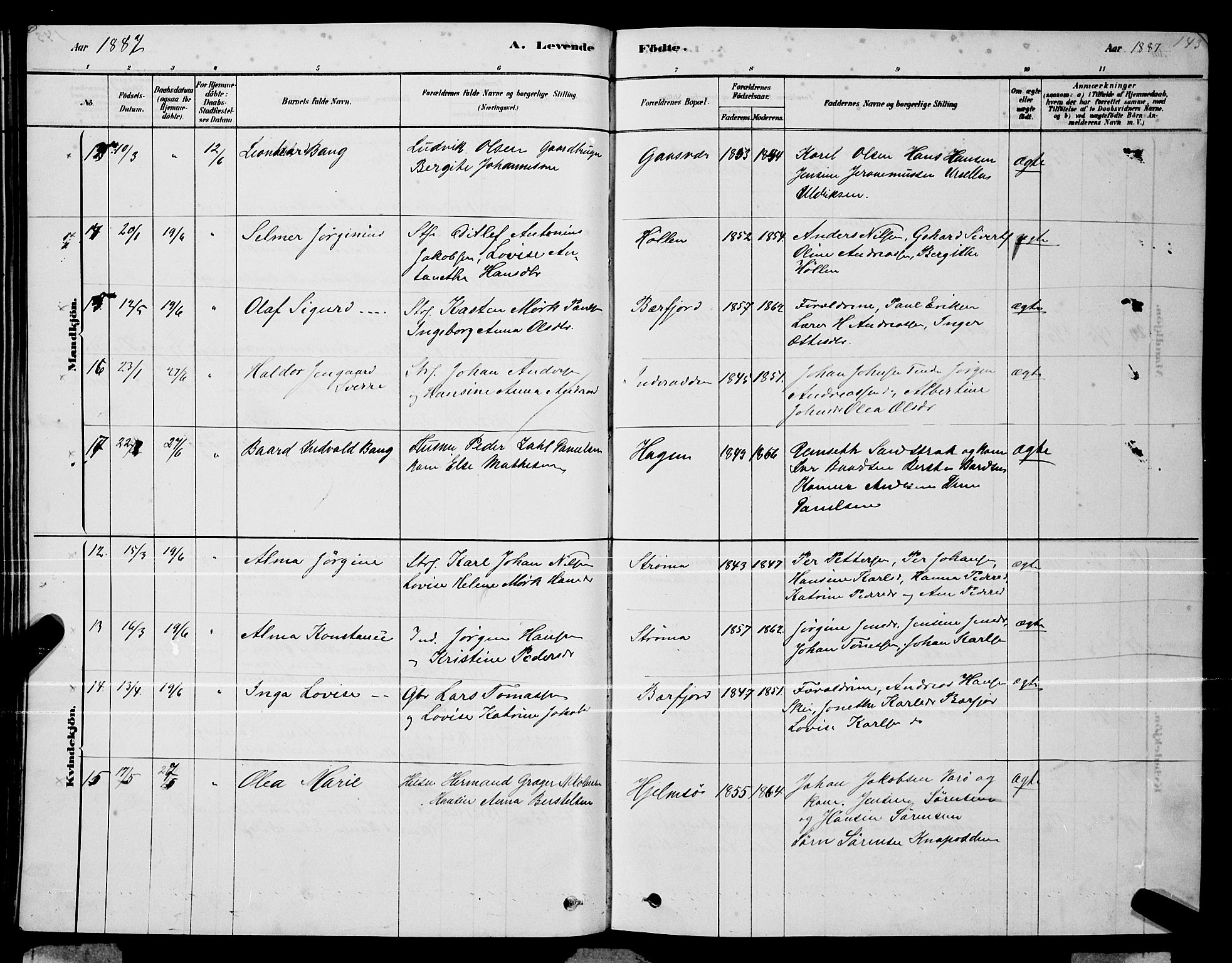 Ministerialprotokoller, klokkerbøker og fødselsregistre - Nordland, AV/SAT-A-1459/834/L0513: Parish register (copy) no. 834C04, 1877-1892, p. 143