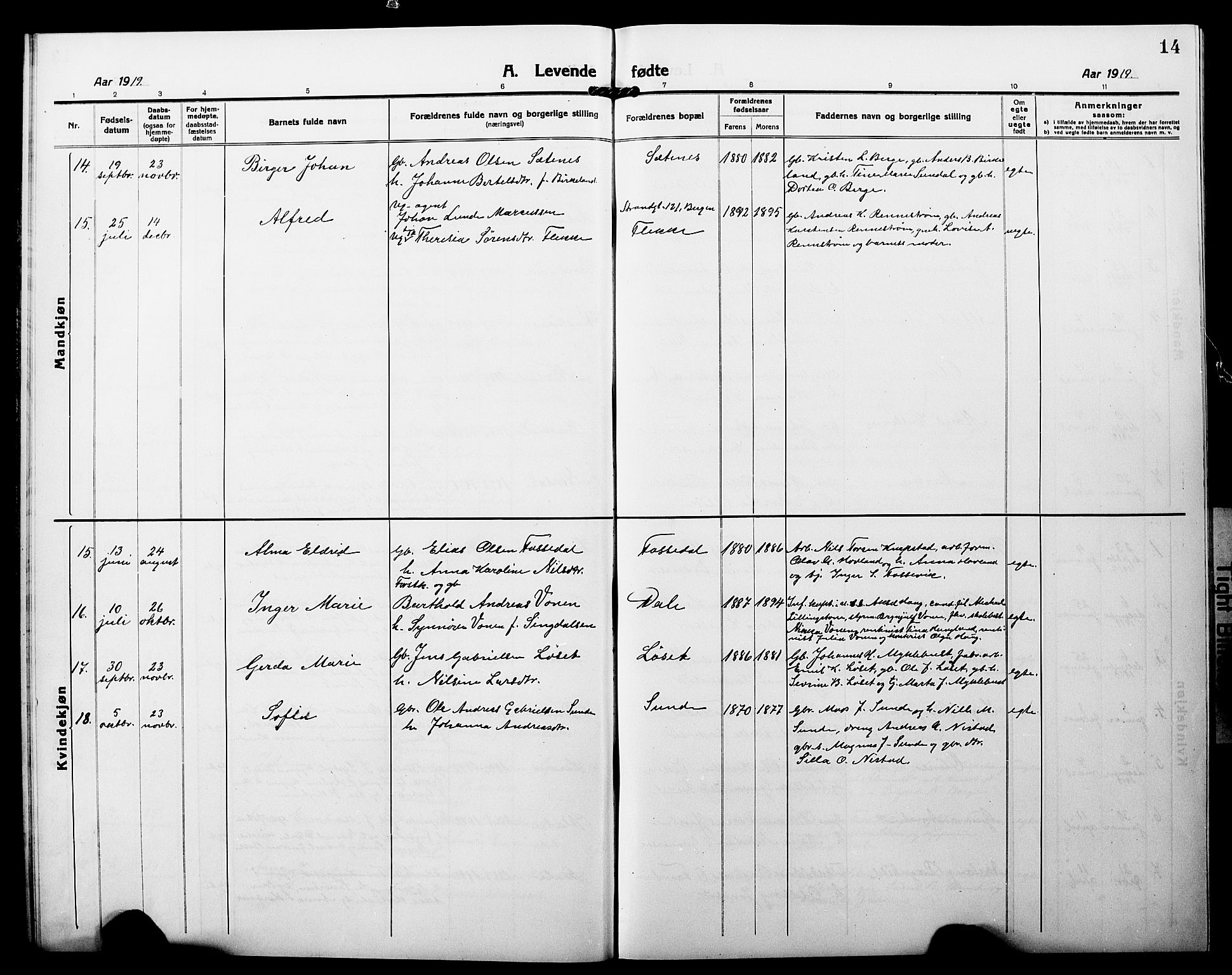 Fjaler sokneprestembete, SAB/A-79801/H/Hab/Habc/L0004: Parish register (copy) no. C 4, 1914-1927, p. 14