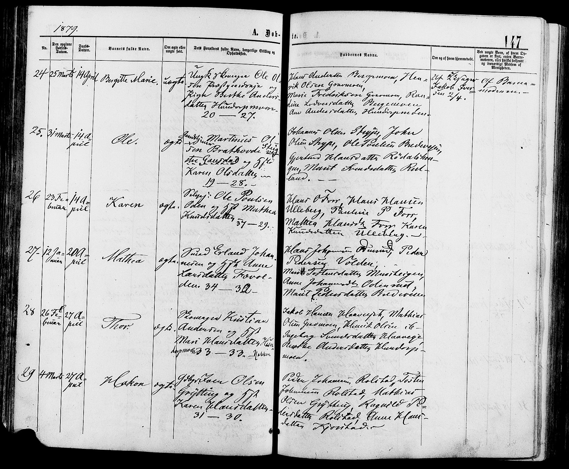 Sør-Fron prestekontor, AV/SAH-PREST-010/H/Ha/Haa/L0002: Parish register (official) no. 2, 1864-1880, p. 147