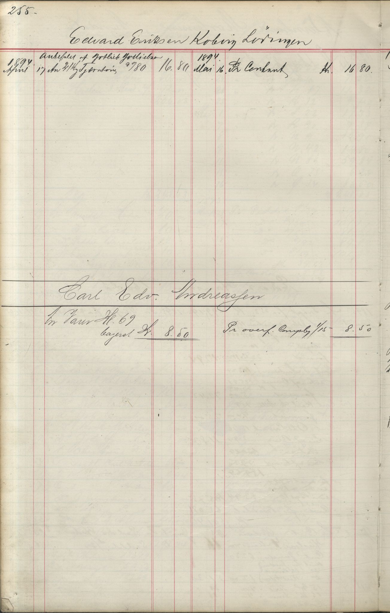 Brodtkorb handel A/S, VAMU/A-0001/F/Fa/L0004/0001: Kompanibøker. Utensogns / Compagnibog for Udensogns Fiskere No 15. Fra A - H, 1882-1895, p. 255