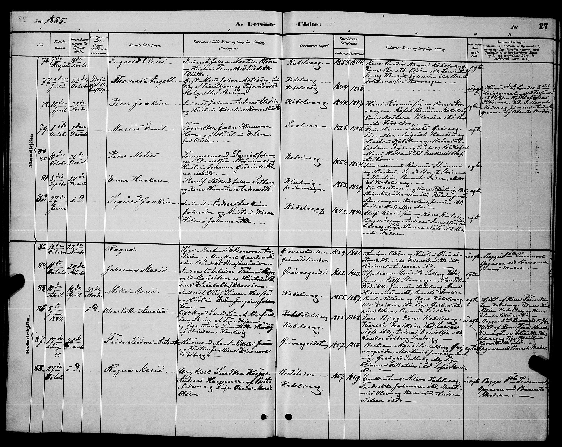 Ministerialprotokoller, klokkerbøker og fødselsregistre - Nordland, AV/SAT-A-1459/874/L1076: Parish register (copy) no. 874C05, 1884-1890, p. 27