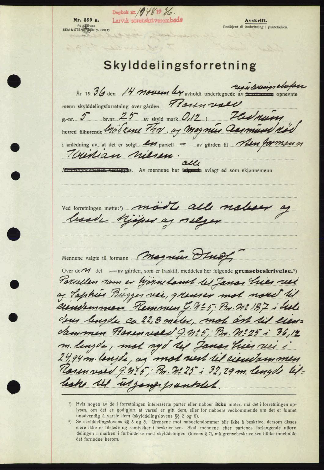 Larvik sorenskriveri, SAKO/A-83/G/Ga/Gab/L0067: Mortgage book no. A-1, 1936-1937, Diary no: : 1948/1936