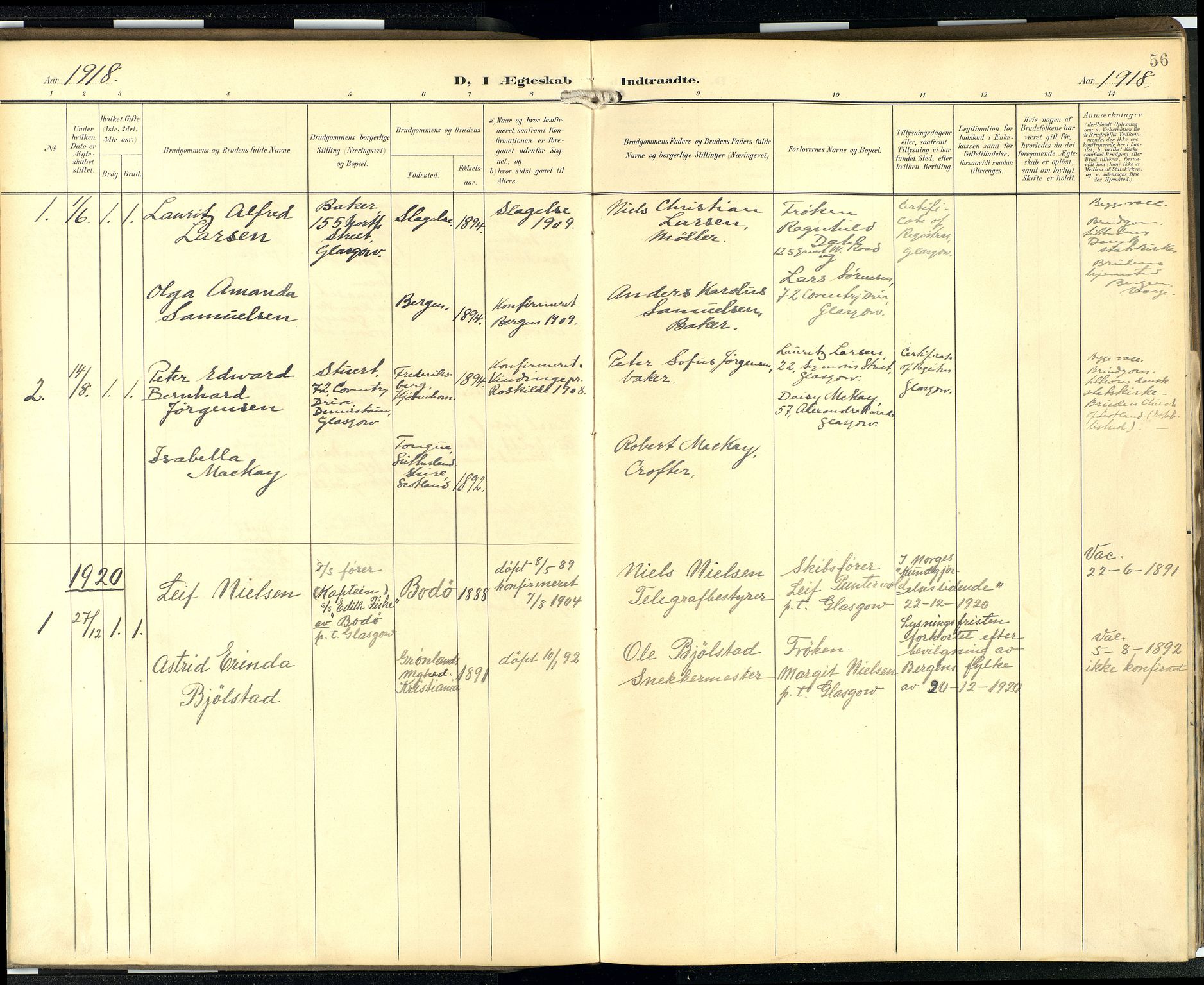 Den norske sjømannsmisjon i utlandet/Skotske havner (Leith, Glasgow), SAB/SAB/PA-0100/H/Ha/Hab/L0001: Parish register (official) no. A 1, 1902-1931, p. 55b-56a