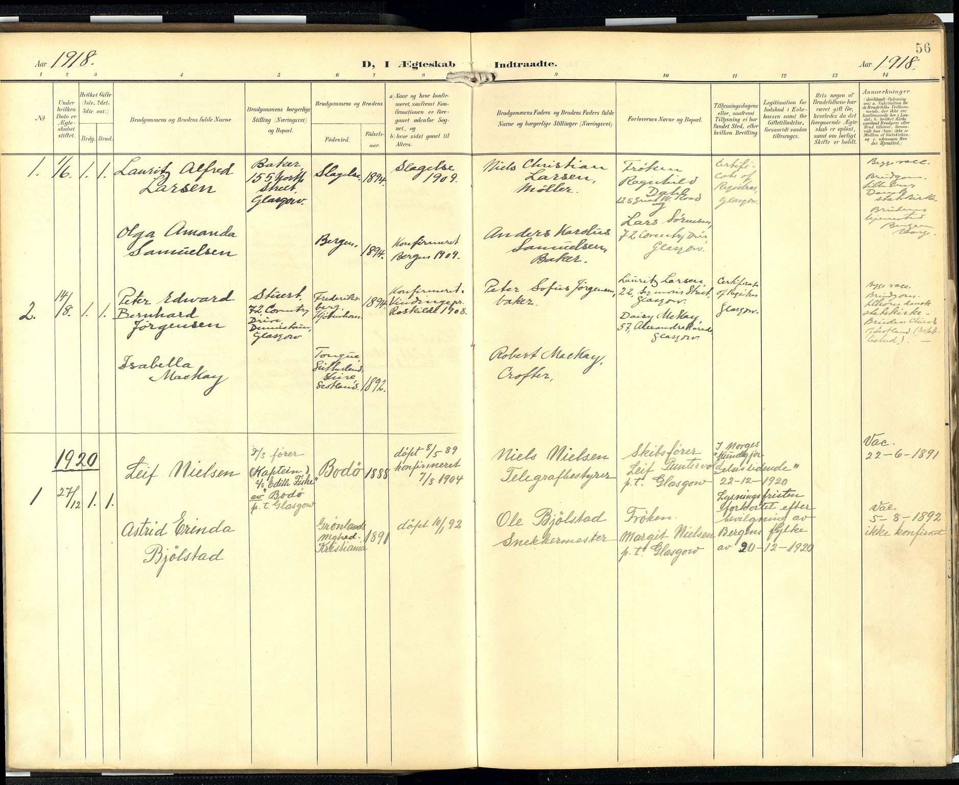 Den norske sjømannsmisjon i utlandet/Skotske havner (Leith, Glasgow), AV/SAB-SAB/PA-0100/H/Ha/Hab/L0001: Parish register (official) no. B 1, 1902-1931, p. 55b-56a