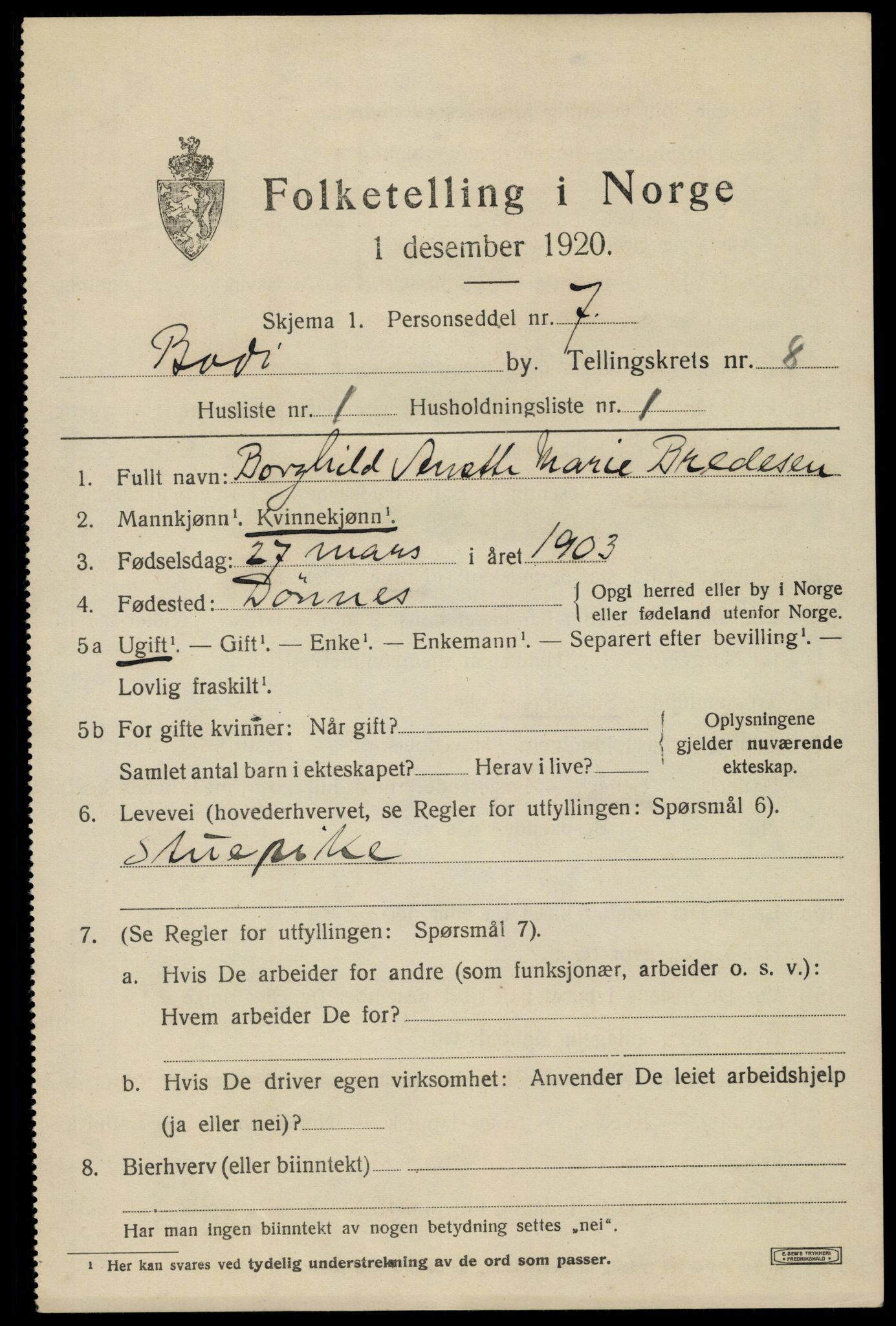 SAT, 1920 census for Bodø, 1920, p. 12143