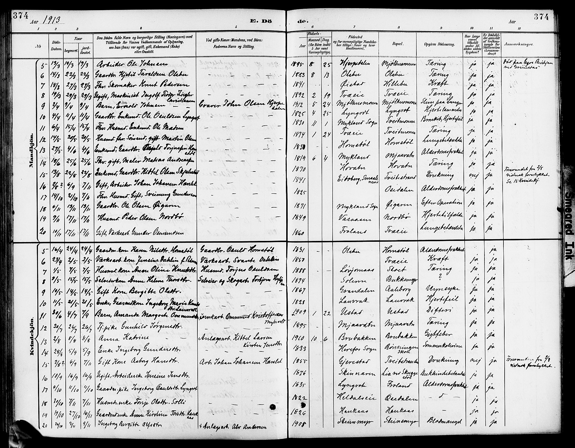 Froland sokneprestkontor, AV/SAK-1111-0013/F/Fb/L0010: Parish register (copy) no. B 10, 1893-1920, p. 374