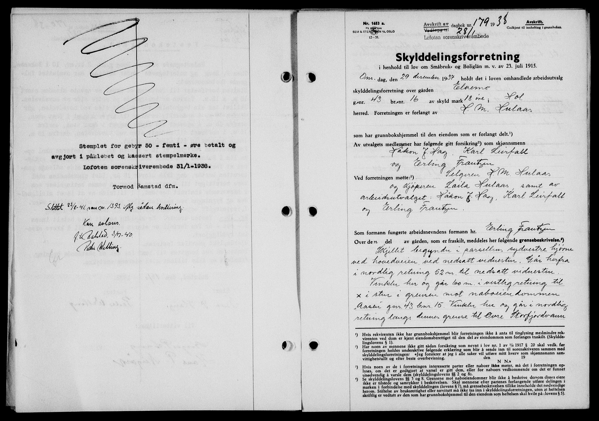 Lofoten sorenskriveri, SAT/A-0017/1/2/2C/L0003a: Mortgage book no. 3a, 1937-1938, Diary no: : 179/1938