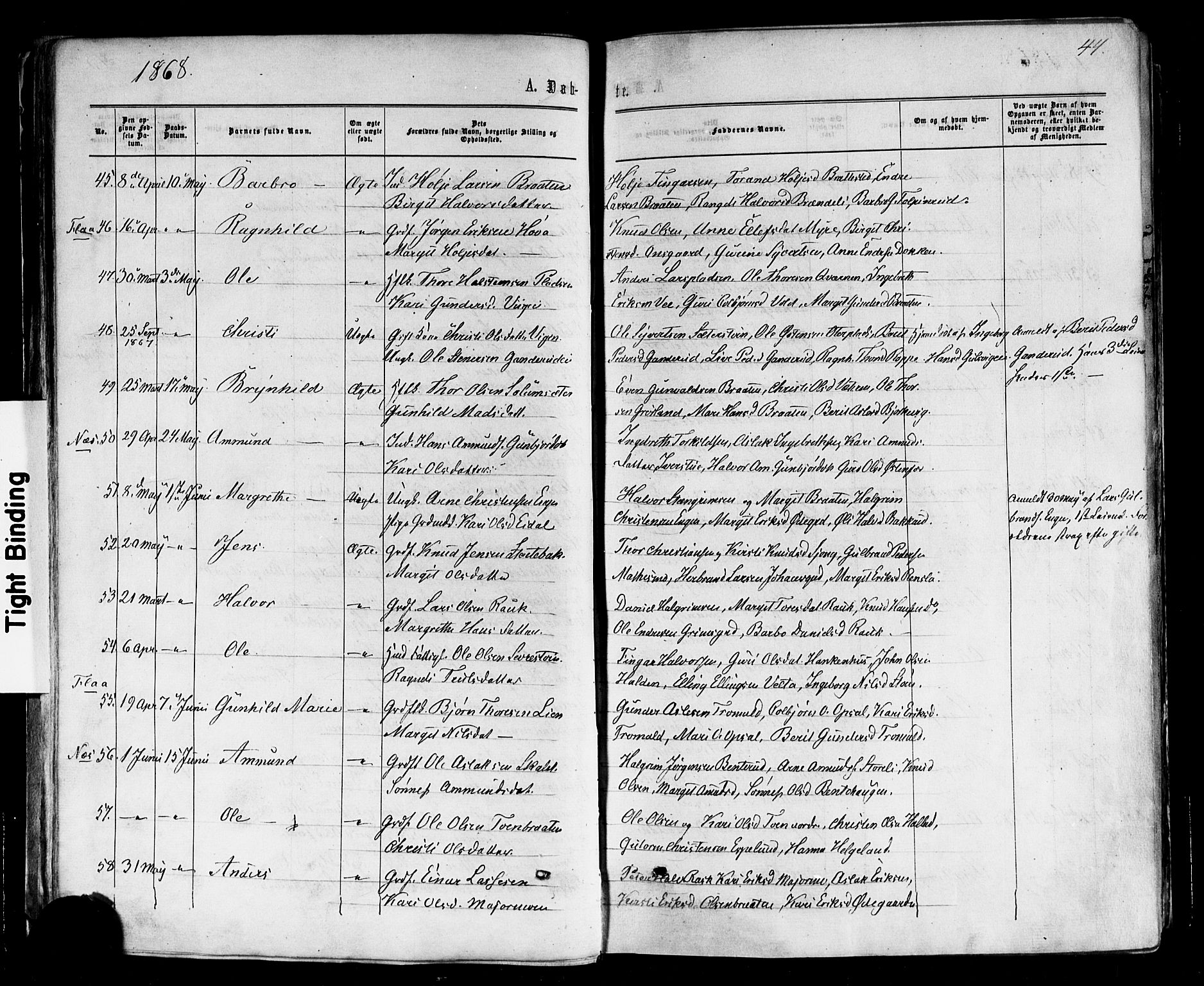 Nes kirkebøker, AV/SAKO-A-236/F/Fa/L0010: Parish register (official) no. 10, 1864-1880, p. 44