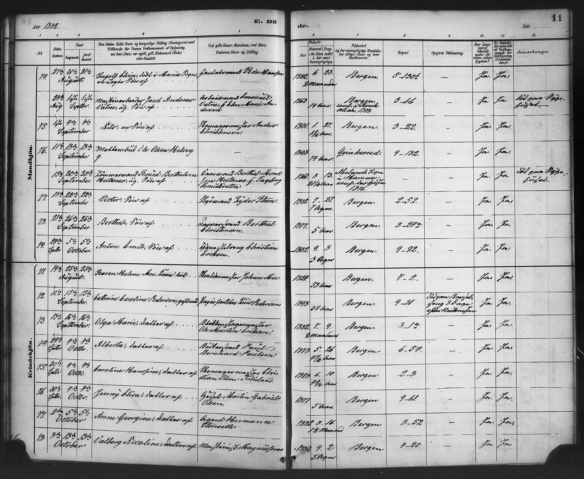Nykirken Sokneprestembete, AV/SAB-A-77101/H/Haa/L0044: Parish register (official) no. E 4, 1882-1898, p. 11