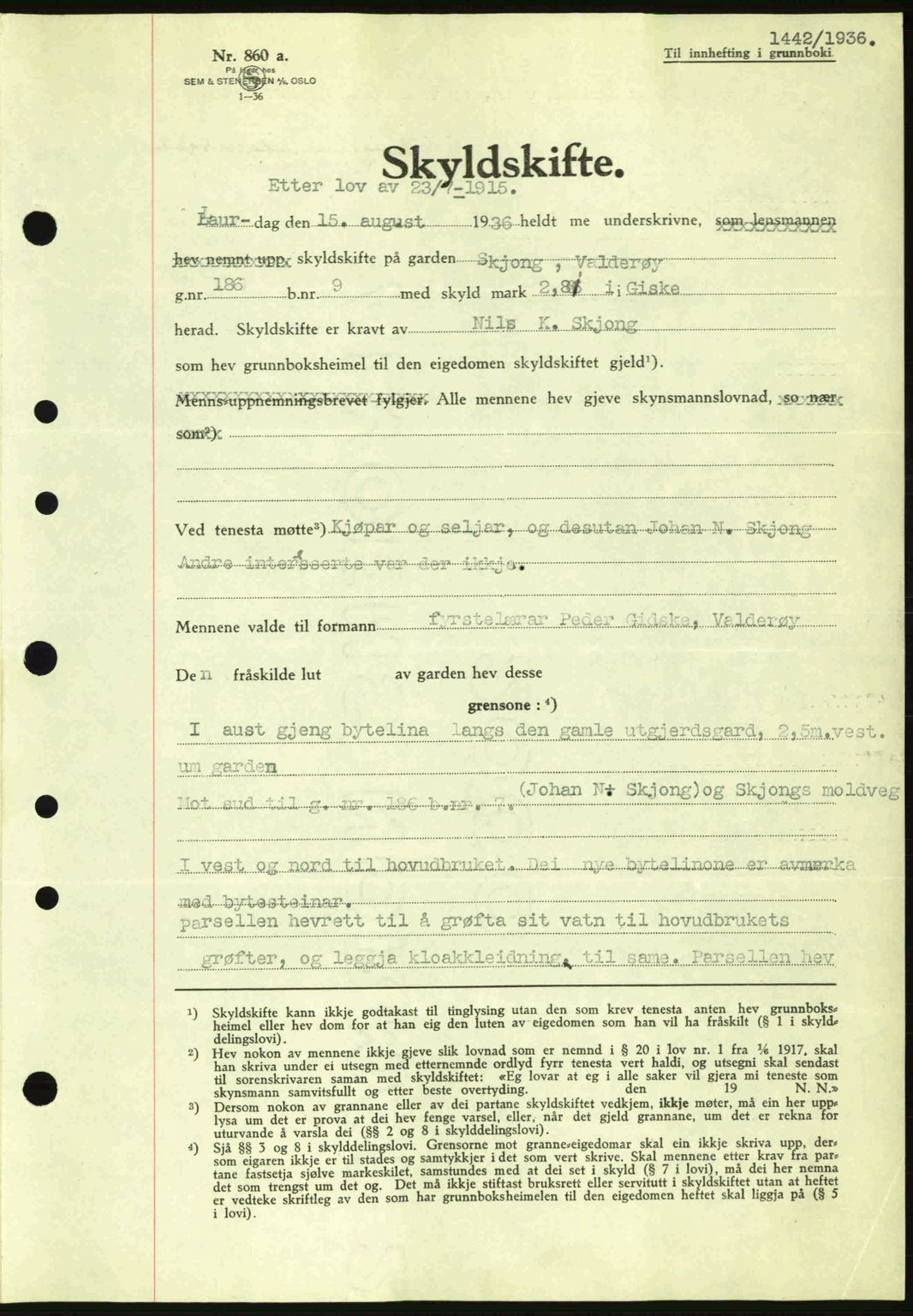 Nordre Sunnmøre sorenskriveri, AV/SAT-A-0006/1/2/2C/2Ca: Mortgage book no. A2, 1936-1937, Diary no: : 1442/1936