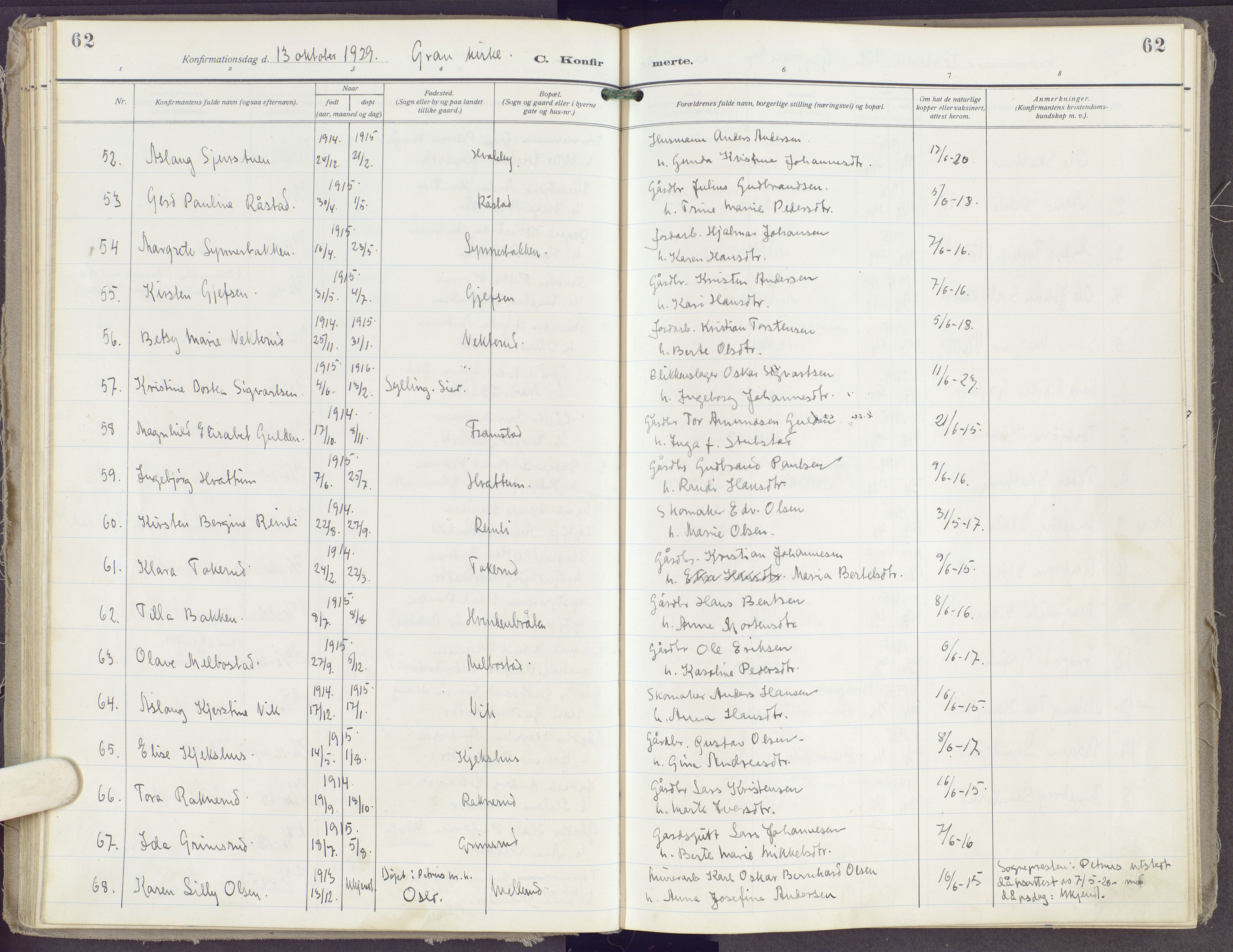 Gran prestekontor, AV/SAH-PREST-112/H/Ha/Haa/L0023: Parish register (official) no. 23, 1919-1938, p. 62