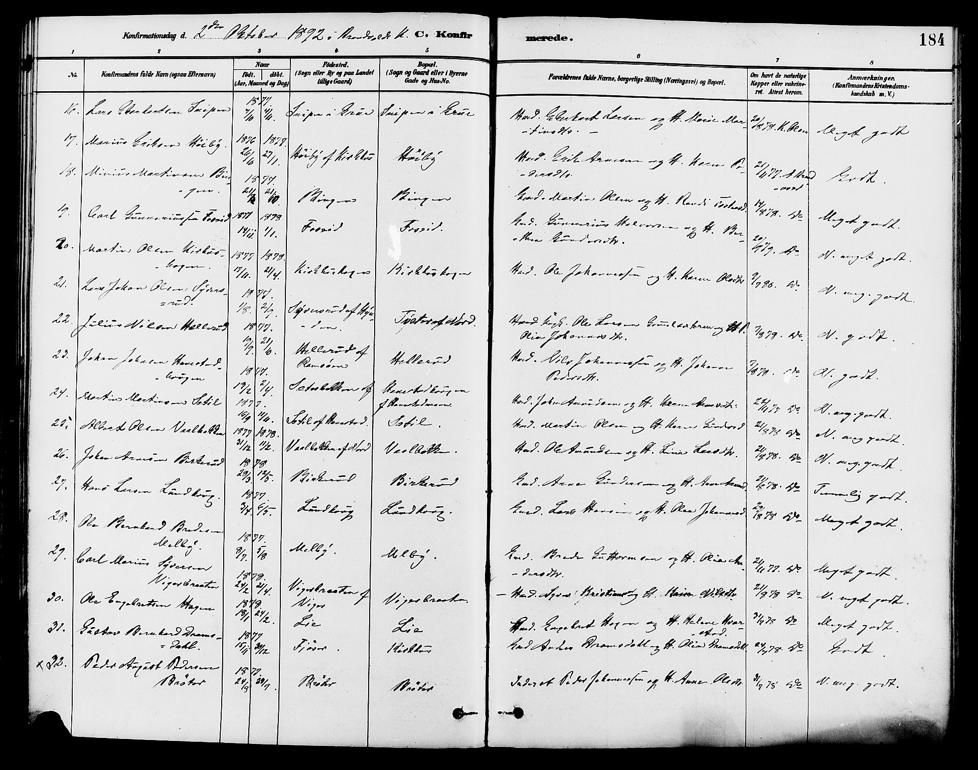 Brandval prestekontor, AV/SAH-PREST-034/H/Ha/Haa/L0002: Parish register (official) no. 2, 1880-1894, p. 184