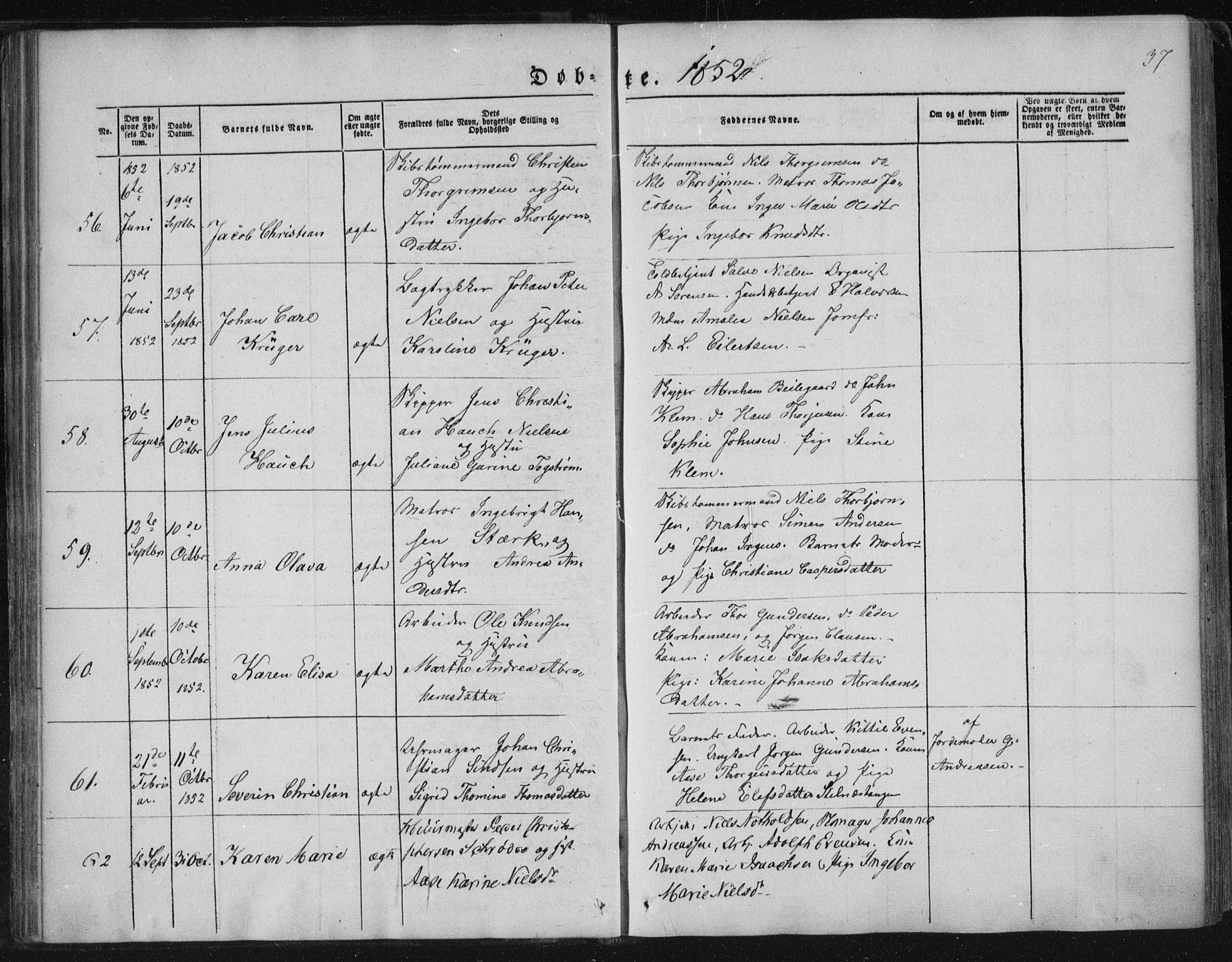 Kragerø kirkebøker, SAKO/A-278/F/Fa/L0006: Parish register (official) no. 6, 1847-1861, p. 37